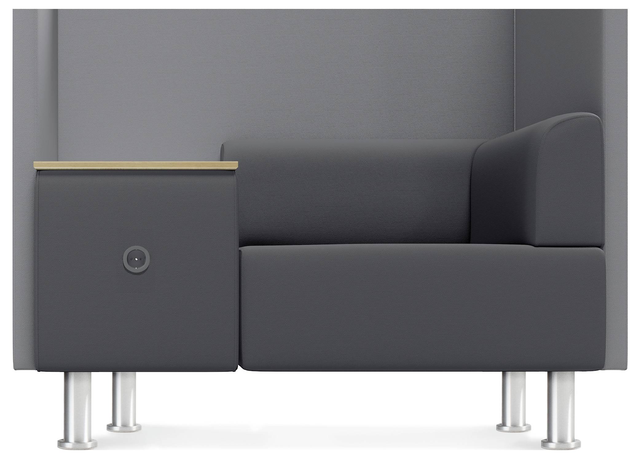 Graues modernes Sofa mit Metallfüßen und einer integrierten Tischablage auf der linken Seite, geeignet für Büros oder Wartebereiche.