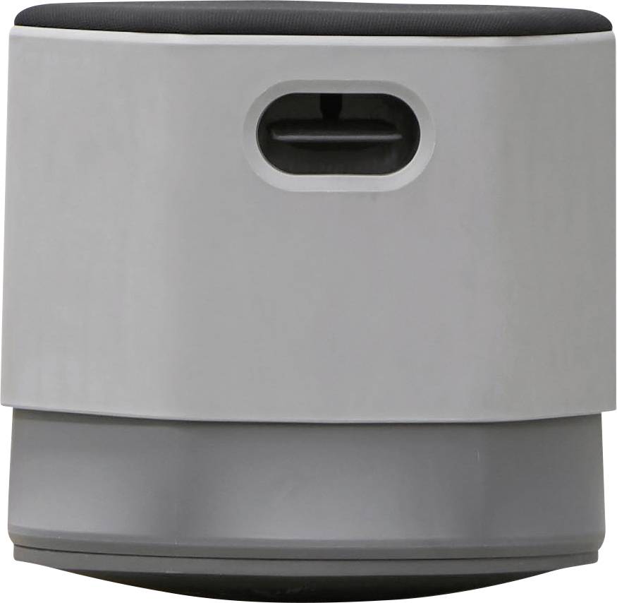 Grauer zylindrischer Lautsprecher mit schwarzer Oberseite und einem rechteckigen Schlitz auf der Vorderseite.