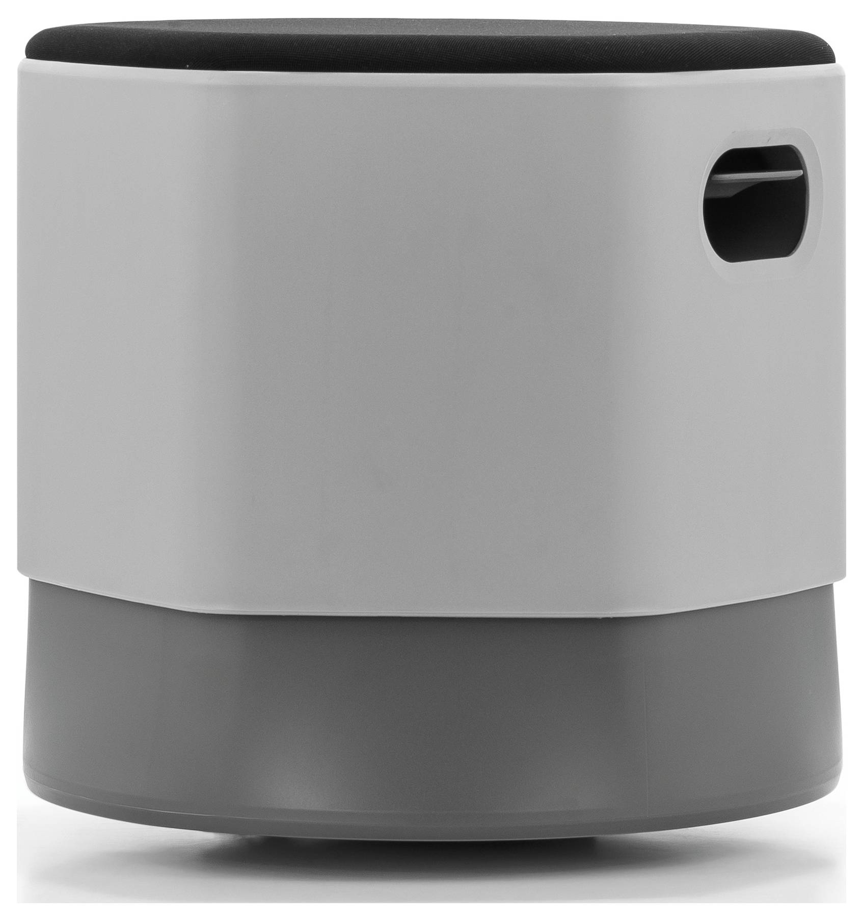 Ein runder Trommelhocker in hellgrau-schwarzem Design mit eingelassenem Griff an der Seite. Ideal für vielseitige Sitzgelegenheiten.