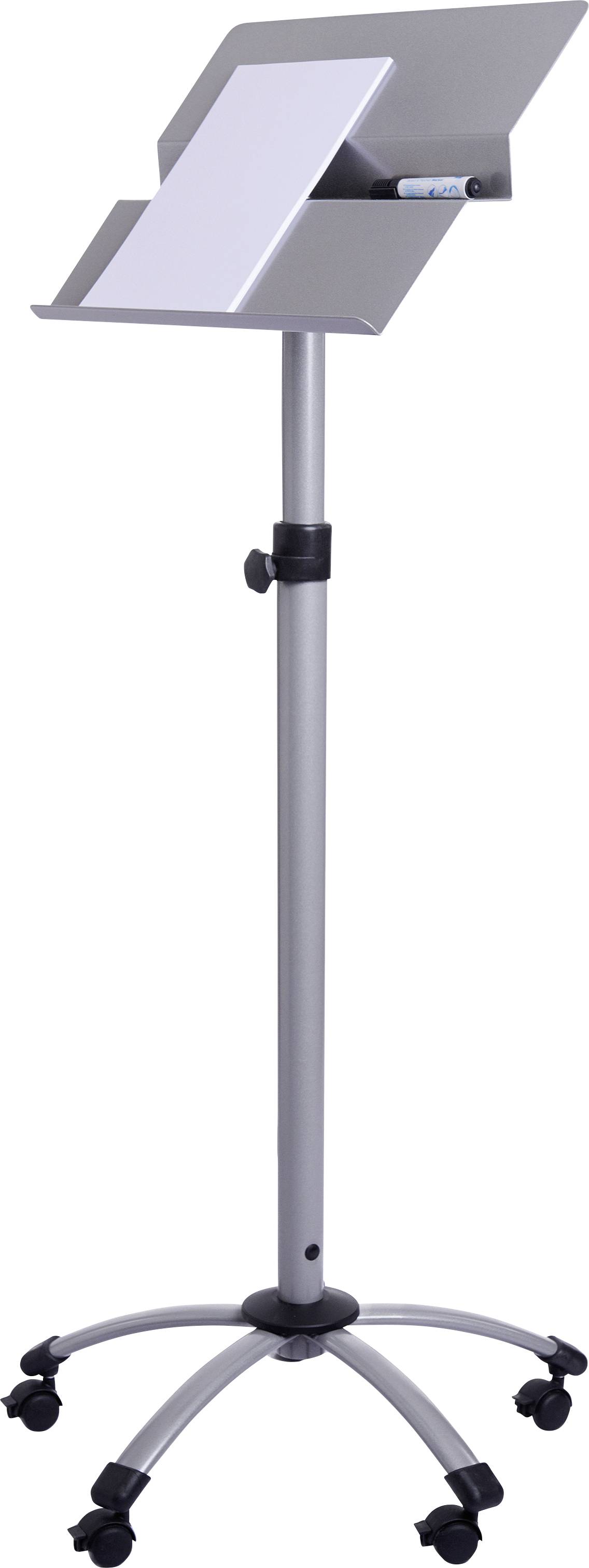 Höhenverstellbarer silberner Rednerpult mit Rädern und flacher Dokumentenablage, darauf ein Marker sichtbar.