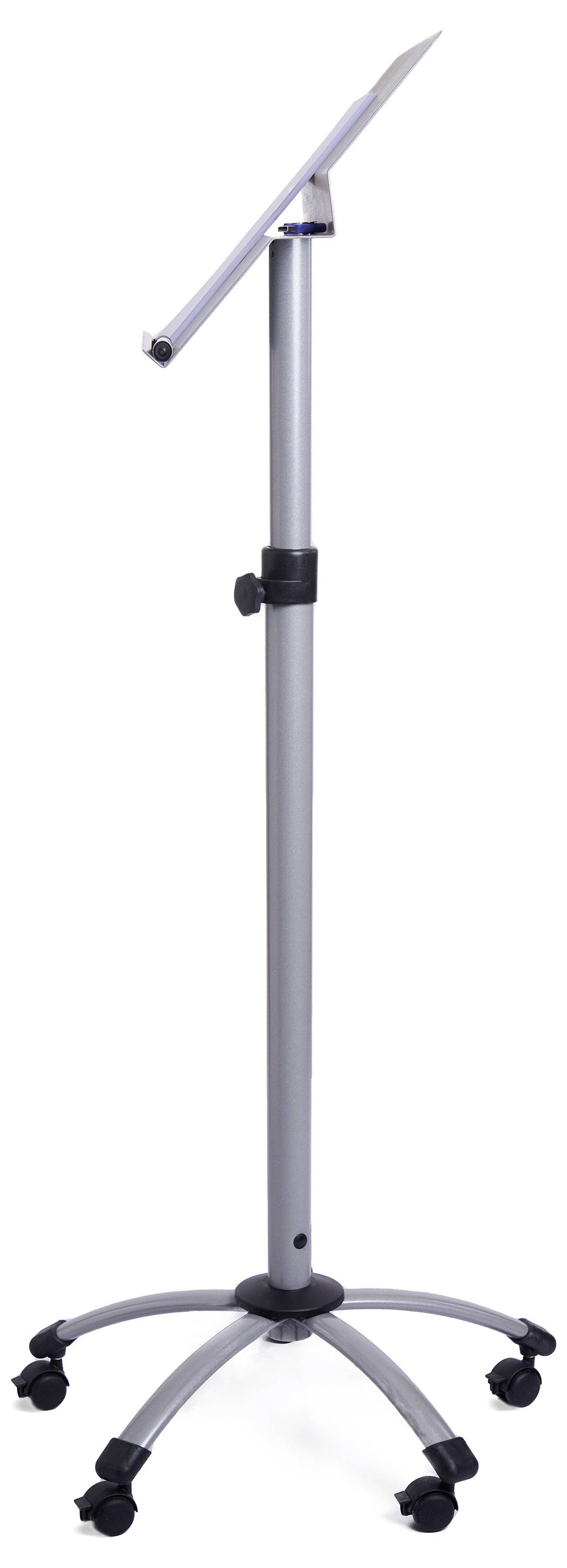 Silberner, höhenverstellbarer Rednerständer auf fünf Rollen. Ideal für Präsentationen oder Vorträge, stabil und mobil einsetzbar.