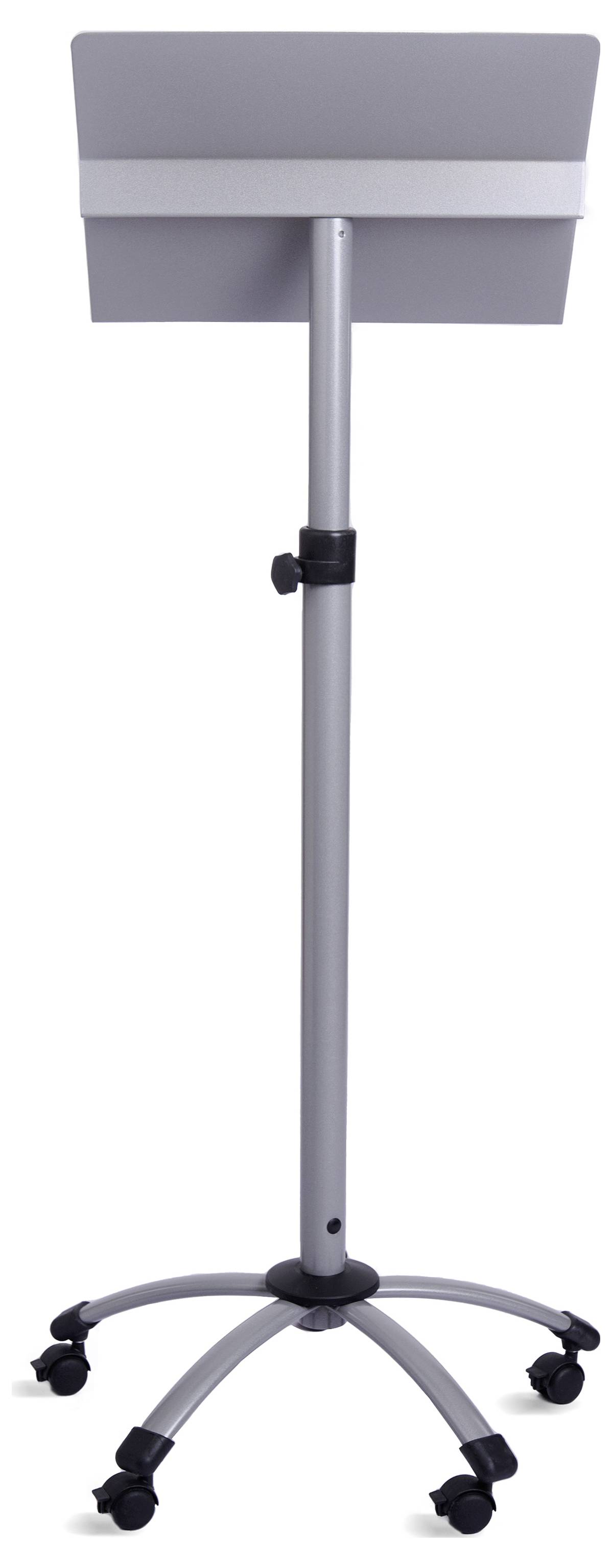Ein höhenverstellbarer Rednerpultständer aus Metall mit Rollen, geeignet für Präsentationen und Vorträge.