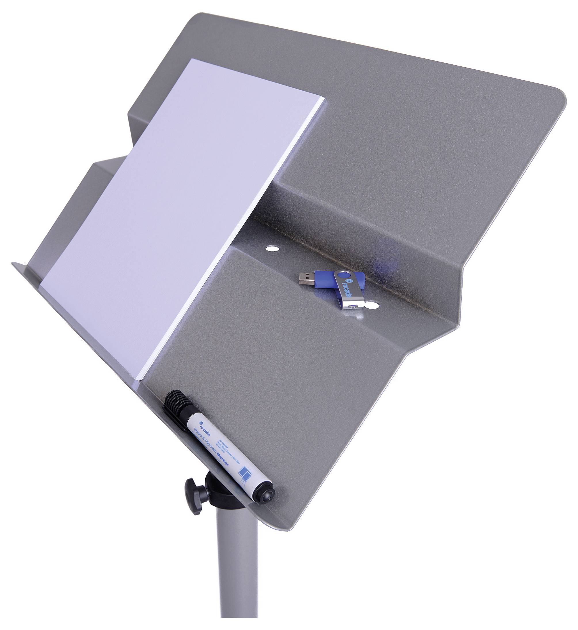 Ein graues Notenpult mit einer weißen Schreibfläche, Magneten und einem blauen USB-Stick darauf. Ein schwarzer Marker ist vorne angebracht.