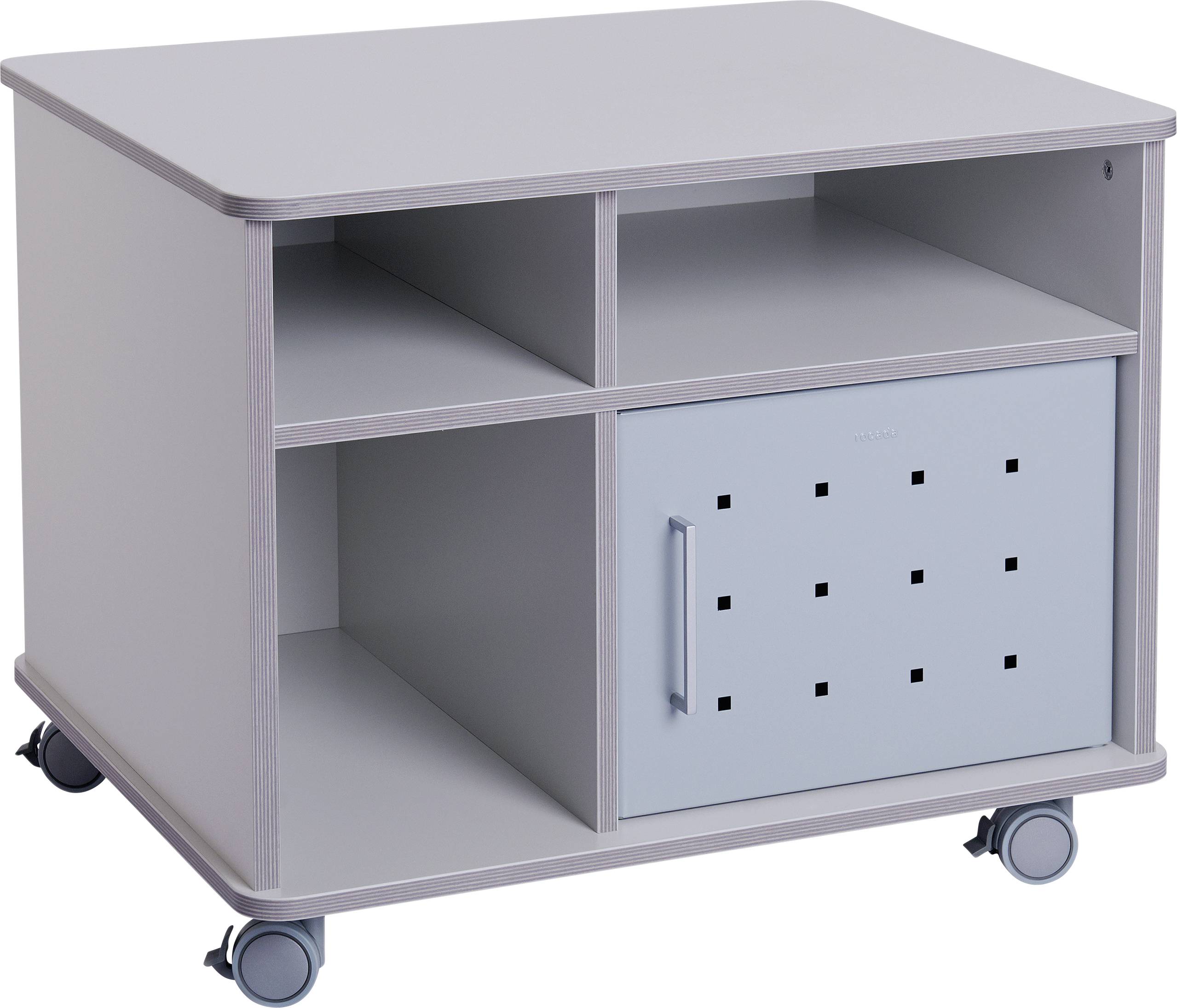 Ein grauer Rollcontainer mit drei offenen Fächern und einer verschlossenen Tür. Vier Rollen ermöglichen einfache Bewegung.
