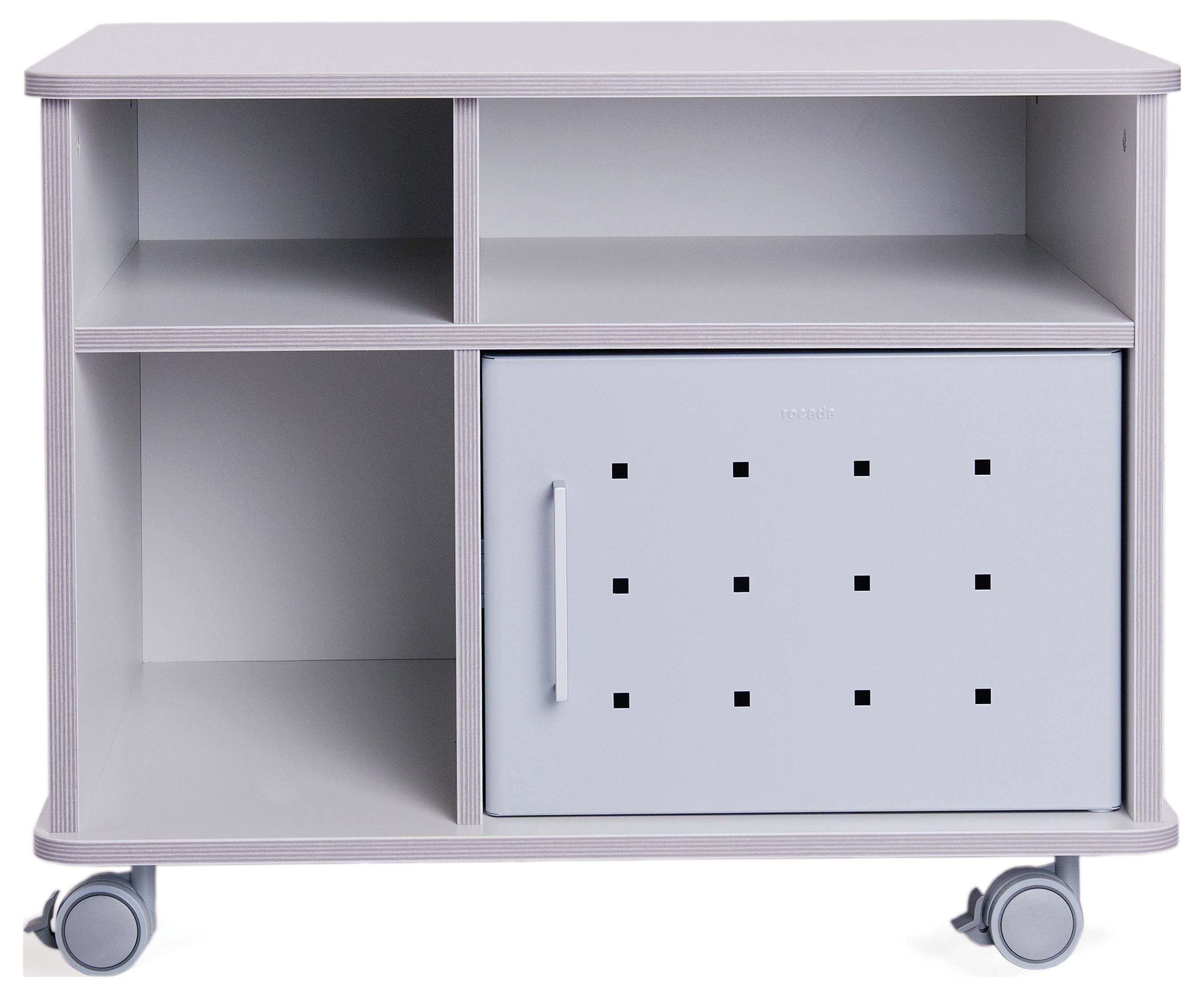 Mobiler, rechteckiger Rollcontainer mit zwei offenen Fächern und einer verschlossenen Tür auf Rollen, geeignet zur Büroorganisation.