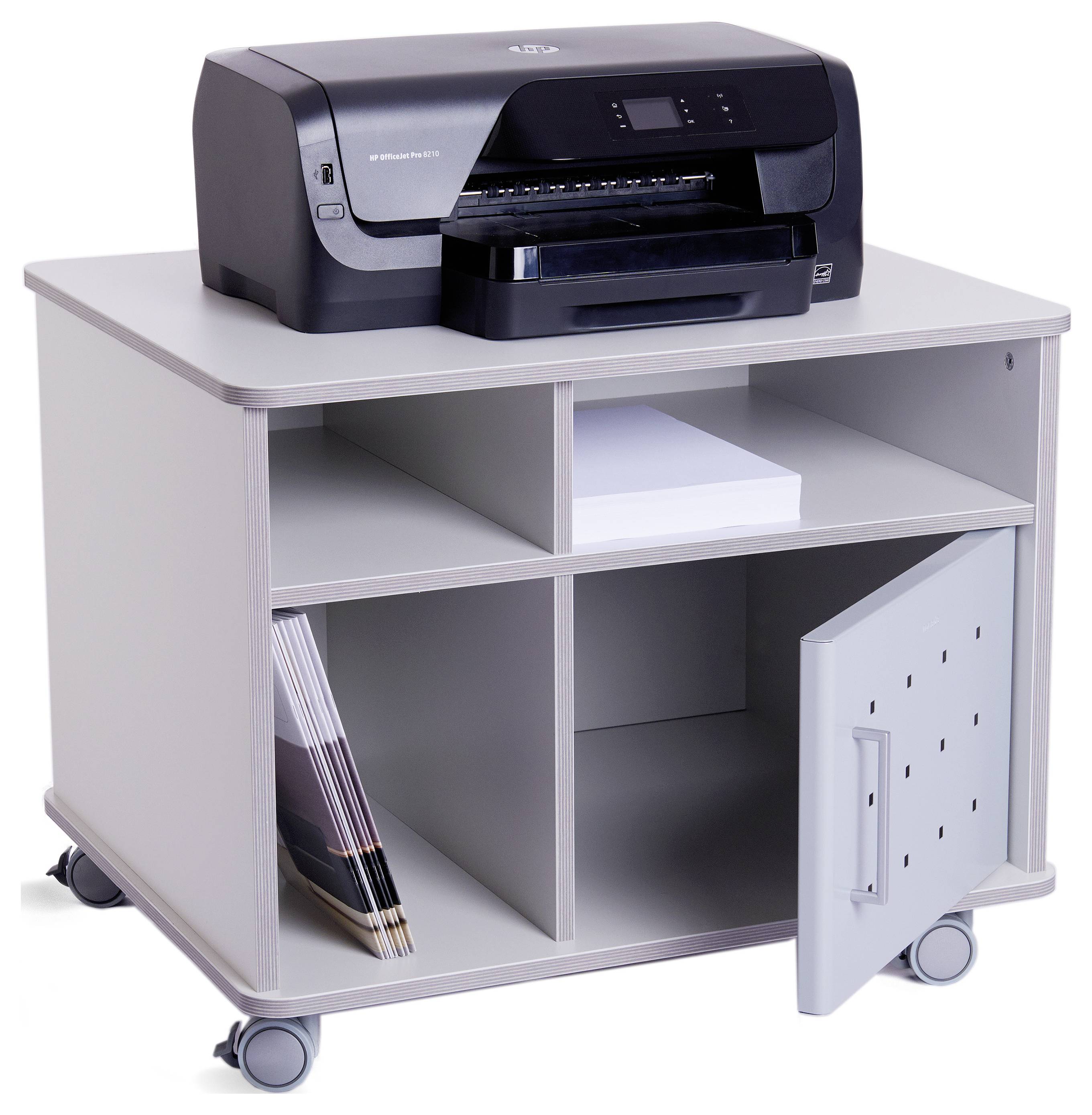 Drucker auf einem grauen Rollwagen mit Fächern, in denen Papier und Zeitschriften verstaut sind. Ein Fach hat eine Tür.