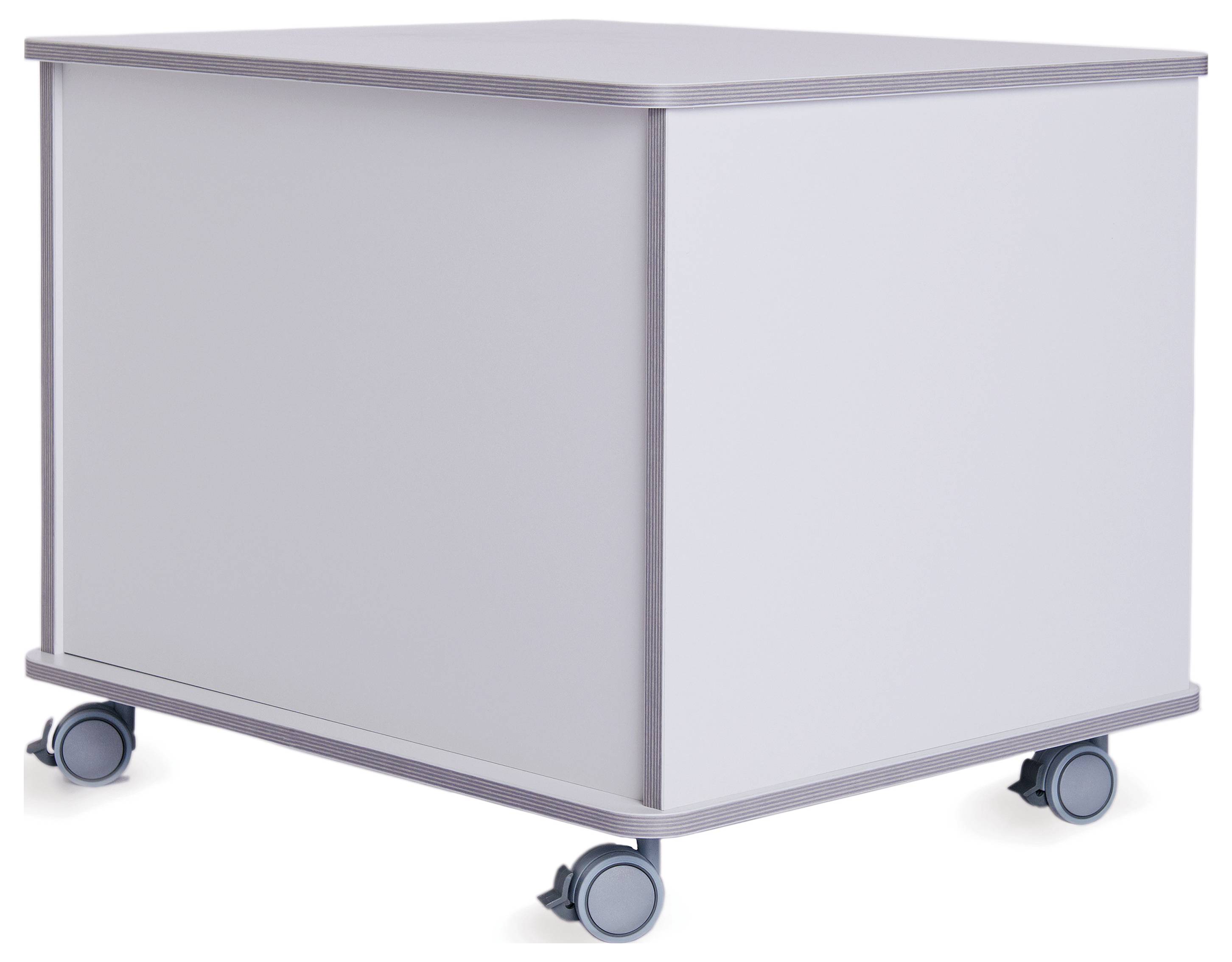 Ein weißer, quadratischer Rollcontainer mit vier Rädern. Ideal als mobiler Stauraum in einem Büro oder Wohnraum.