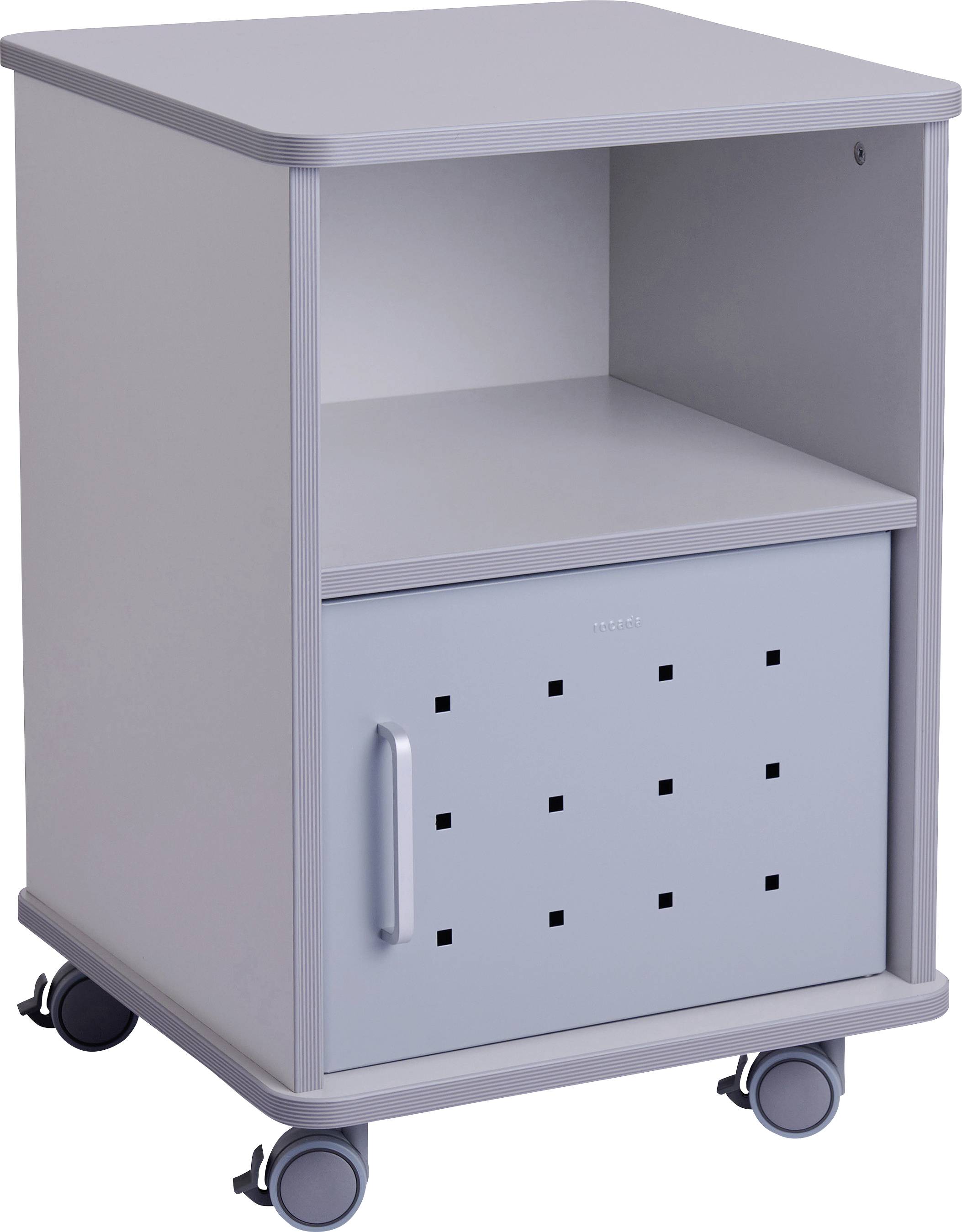 Ein grauer mobiler Beistellschrank mit Rollen, zwei Fächern und einem Griff an der Frontseite, geeignet zum Verstauen von Büromaterial.