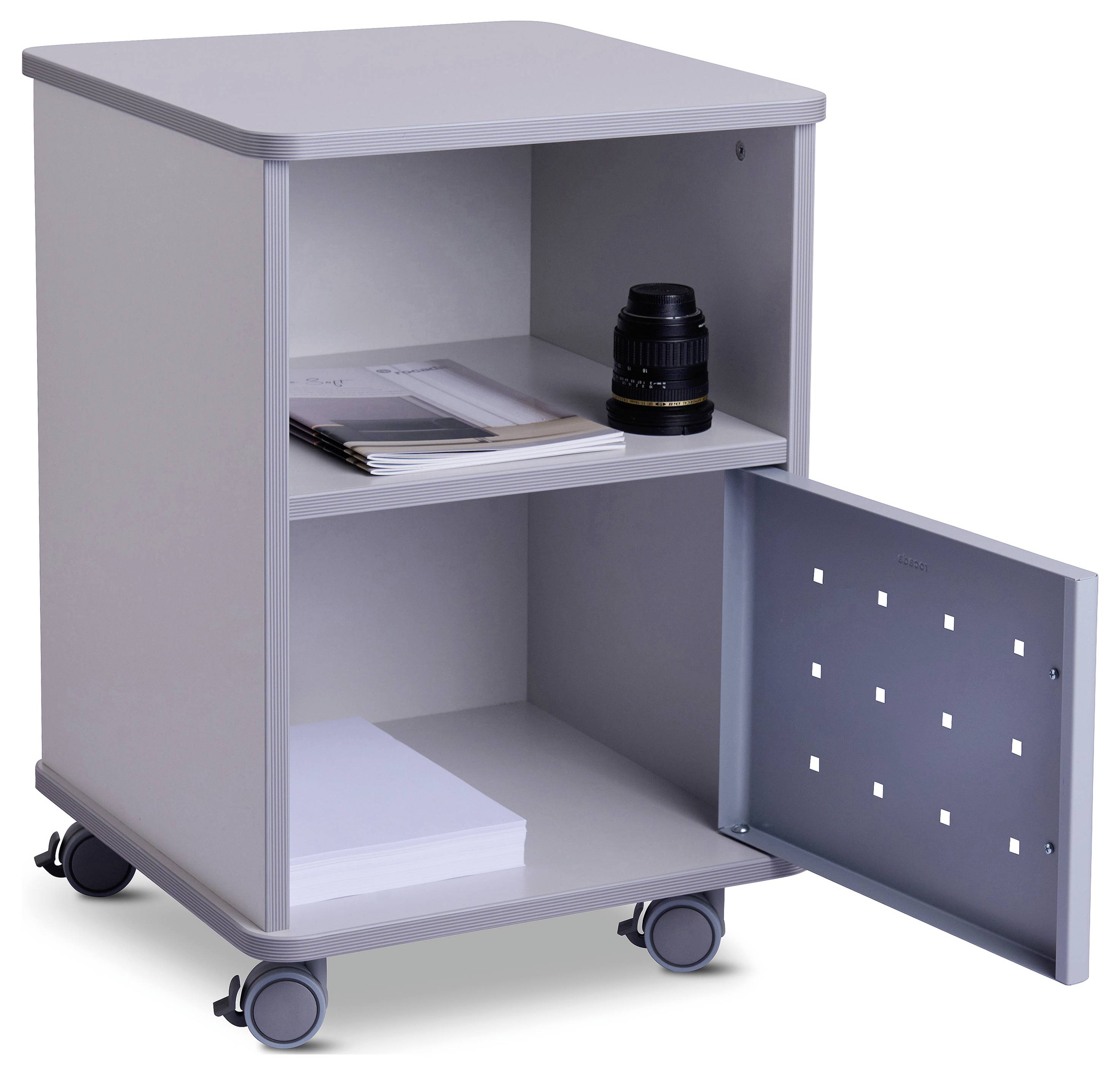 Ein grauer Rollcontainer mit zwei Ablagen. Auf der oberen Ablage liegen Dokumente und ein Kamerazubehör. Die Tür unten rechts ist offen.