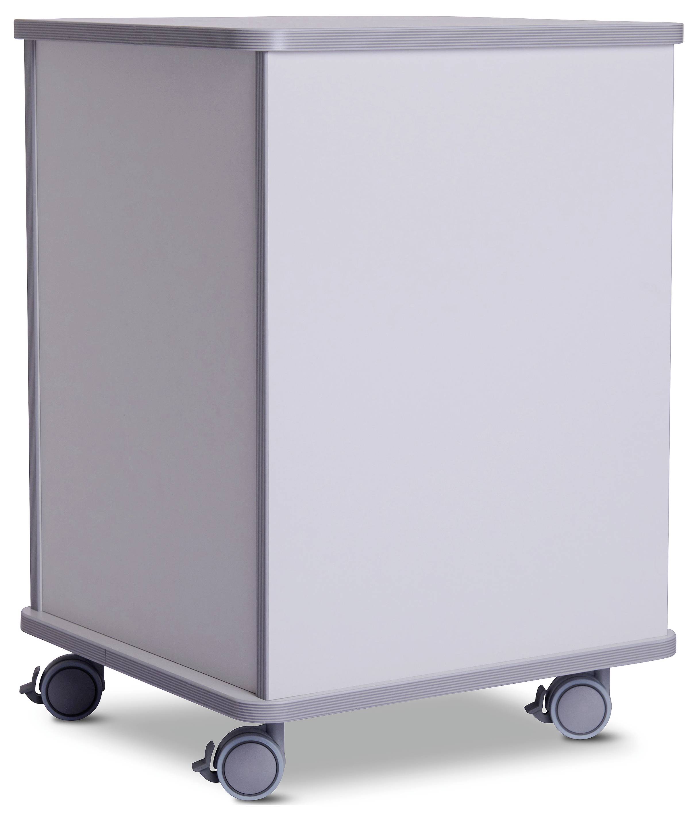 Ein grauer Rollcontainer mit vier Rädern, geeignet zur Aufbewahrung oder für Bürozwecke.