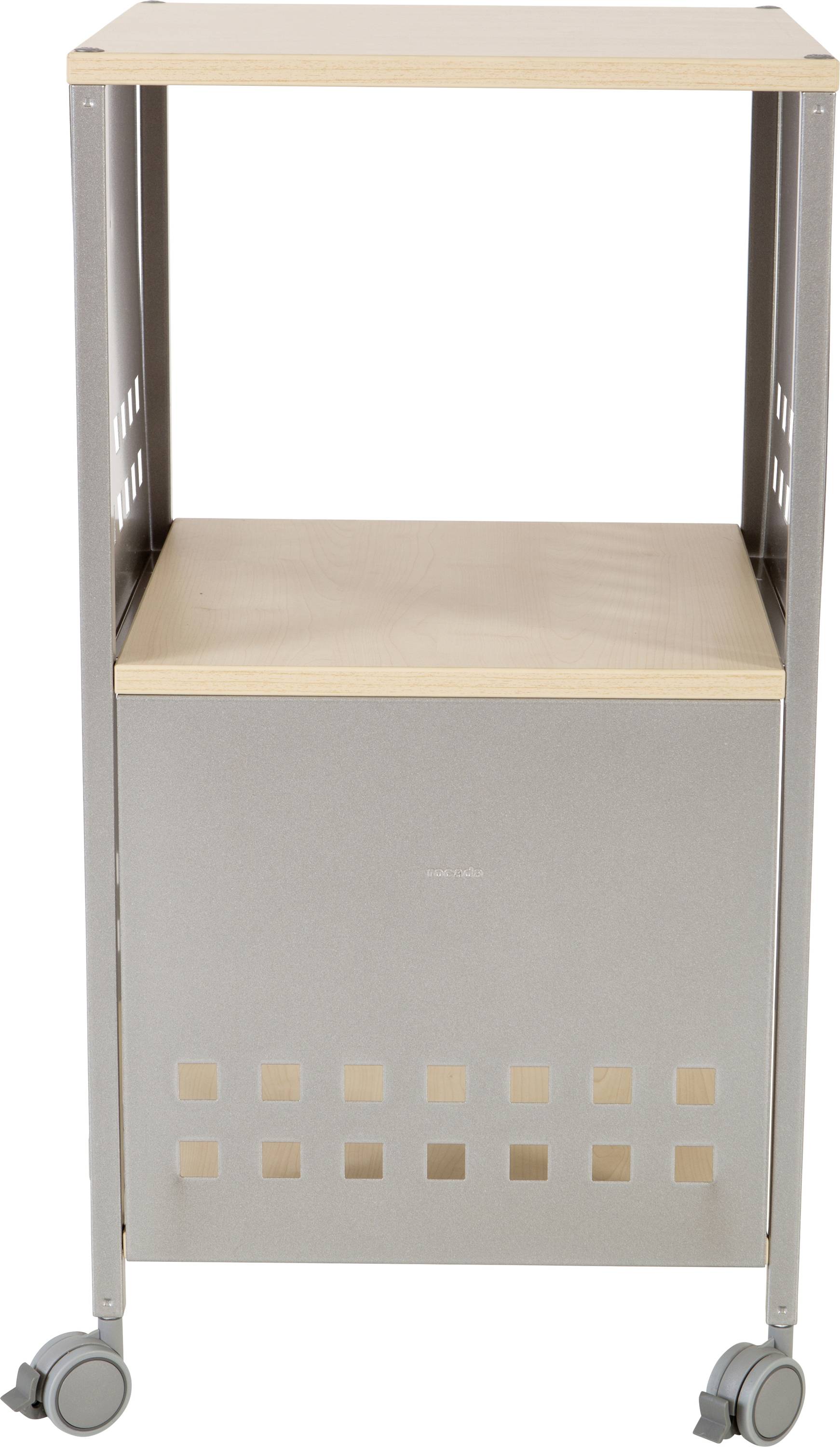 Grauer rollbarer Beistelltisch aus Metall mit zwei Ebenen und Holzplatte.