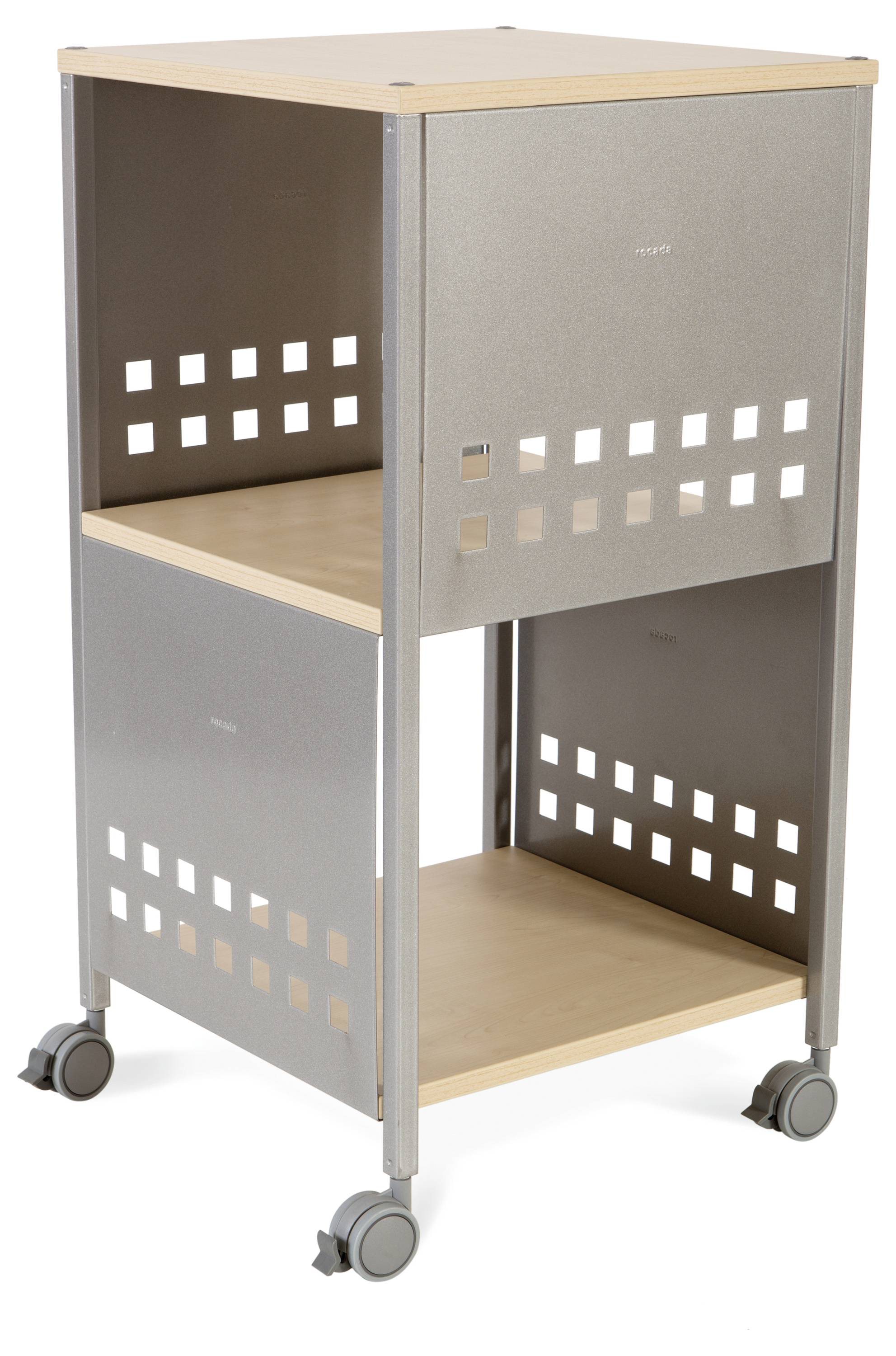 Grauer rollbarer Metallschrank mit Holzablagen, quadratische Öffnungen an den Seiten. Ideal für Büro- oder Heimumgebung.