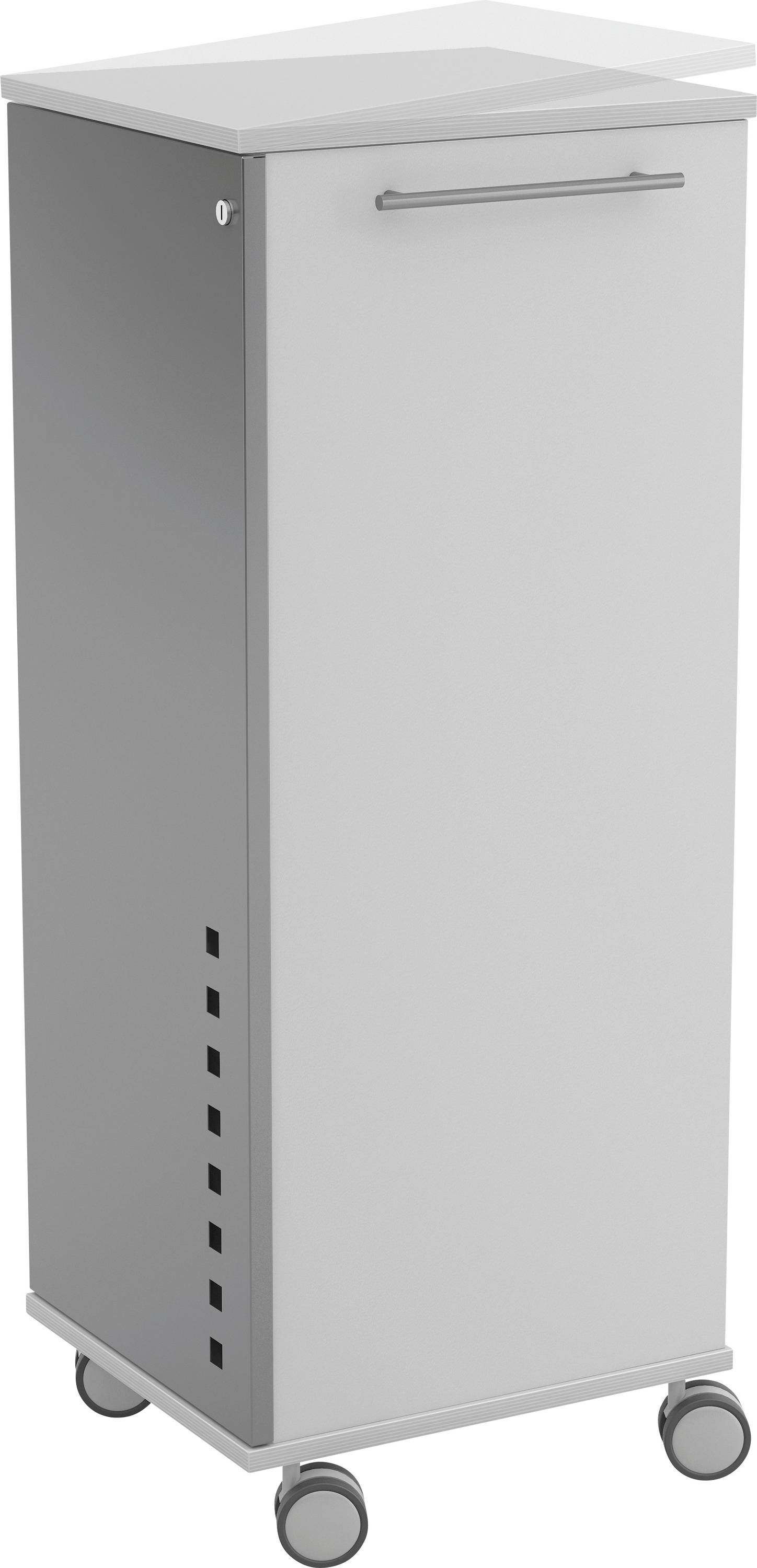 Ein grauer, schmaler Schrank auf Rollen mit einer Tür vorne. Ideal zur Aufbewahrung von Dokumenten oder Bürobedarf.