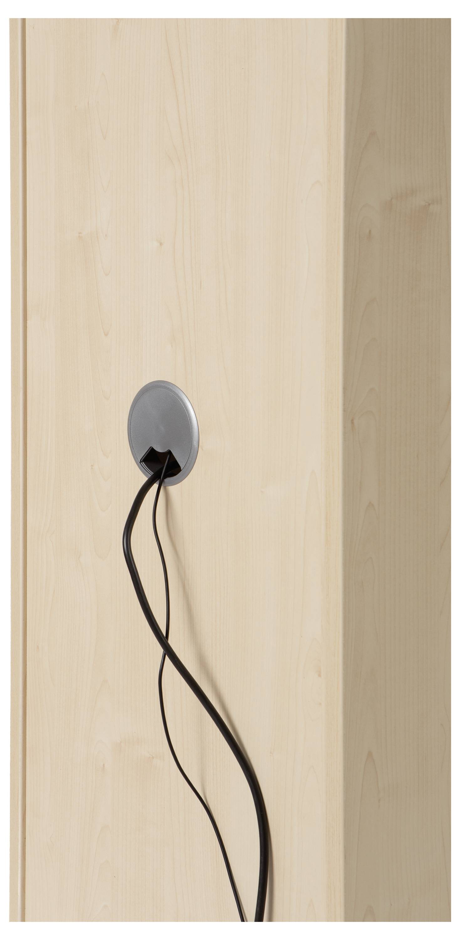 Holzmöbel mit hellbrauner Oberfläche, an denen ein Stromkabel aus einer runden Metallbuchse herausführt.