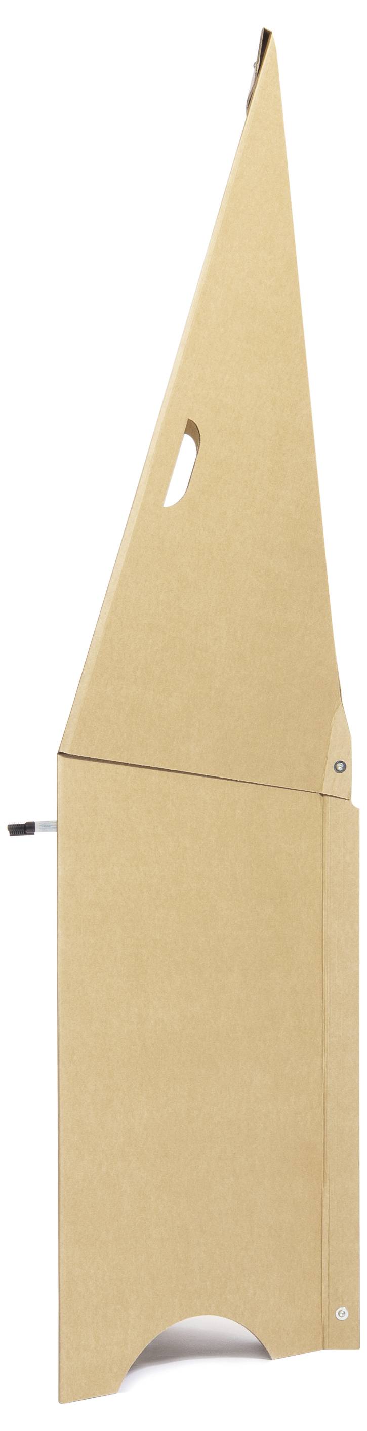 Ein zusammenklappbares, dreieckiges Holzdesign mit Griffloch. Geeignet zur einfachen Lagerung oder Präsentation von Plakaten.