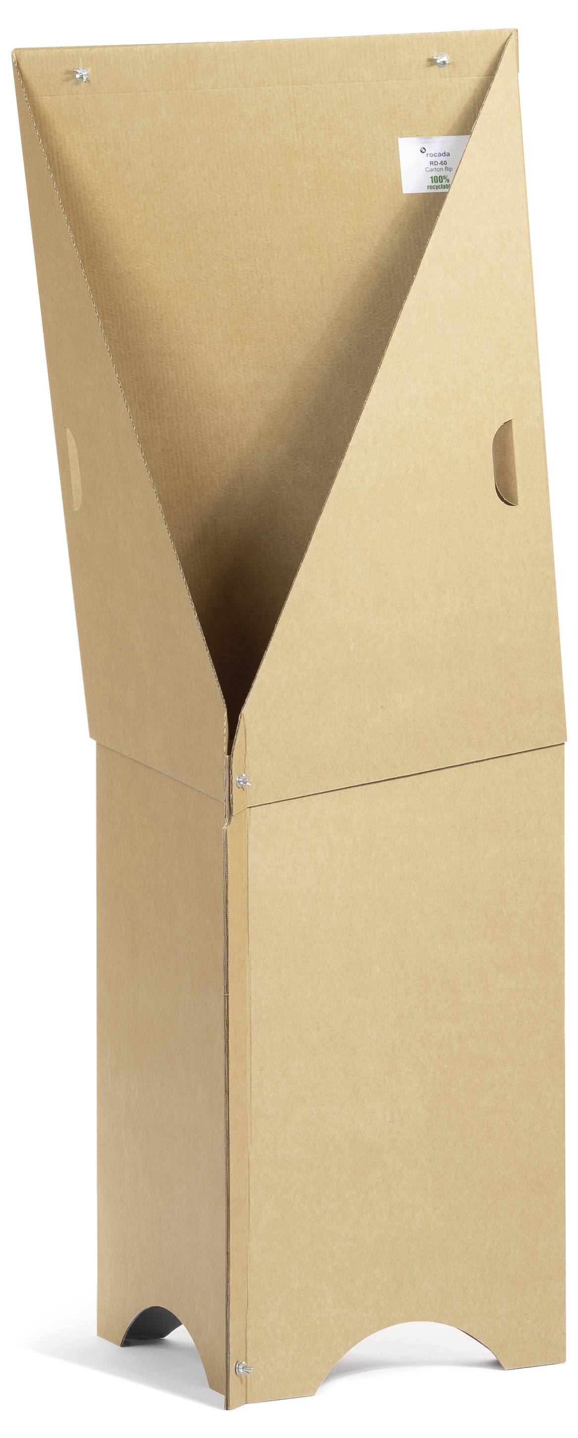 Pappaufsteller aus braunem Karton, zusammengeklappt mit Grifföffnungen.