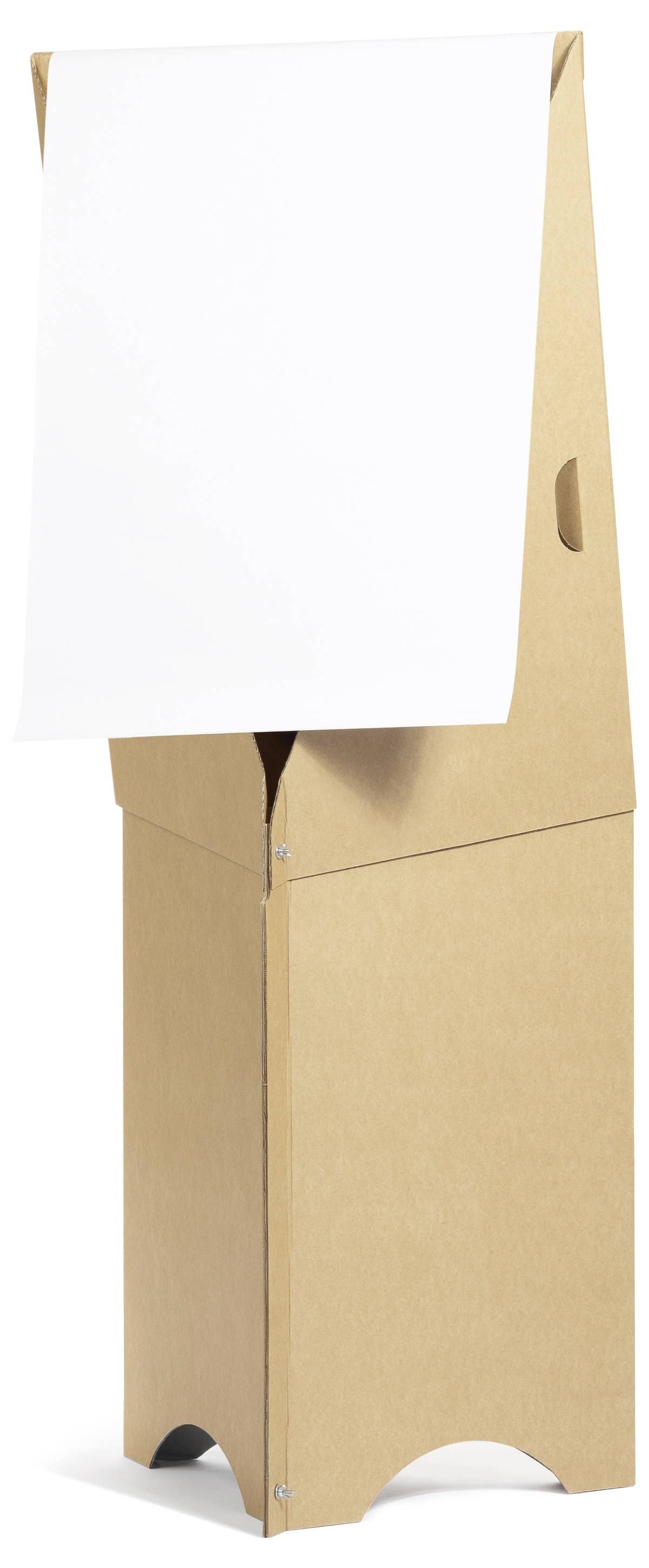 Ein zusammenklappbarer, brauner Papp-Rednerpult mit einem weißen Blatt Papier oben, geeignet für Präsentationen.