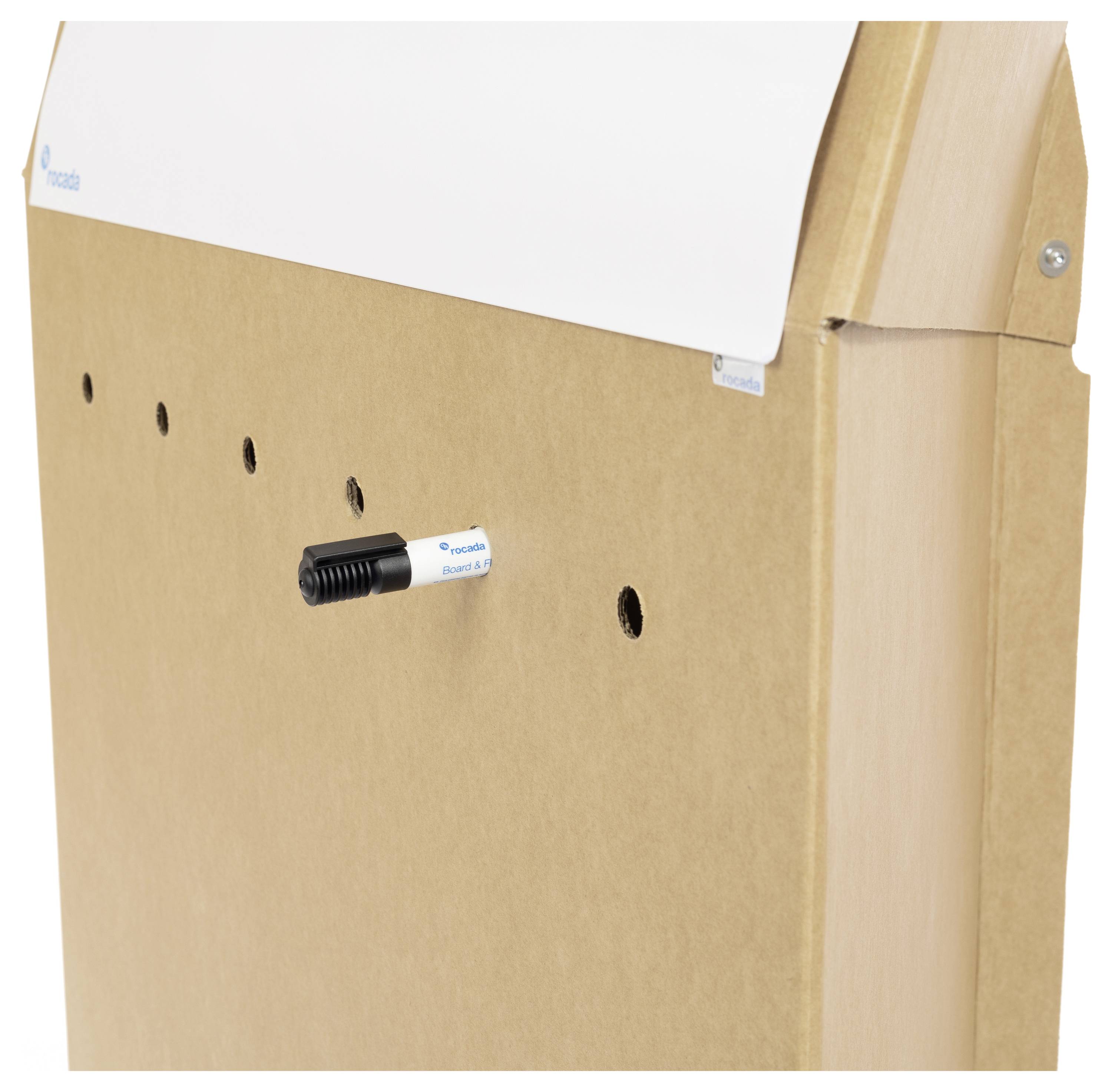 Papp-Whiteboard mit festgestecktem Stift auf der Vorderseite, geeignet für mobile Präsentationen und Notizen.