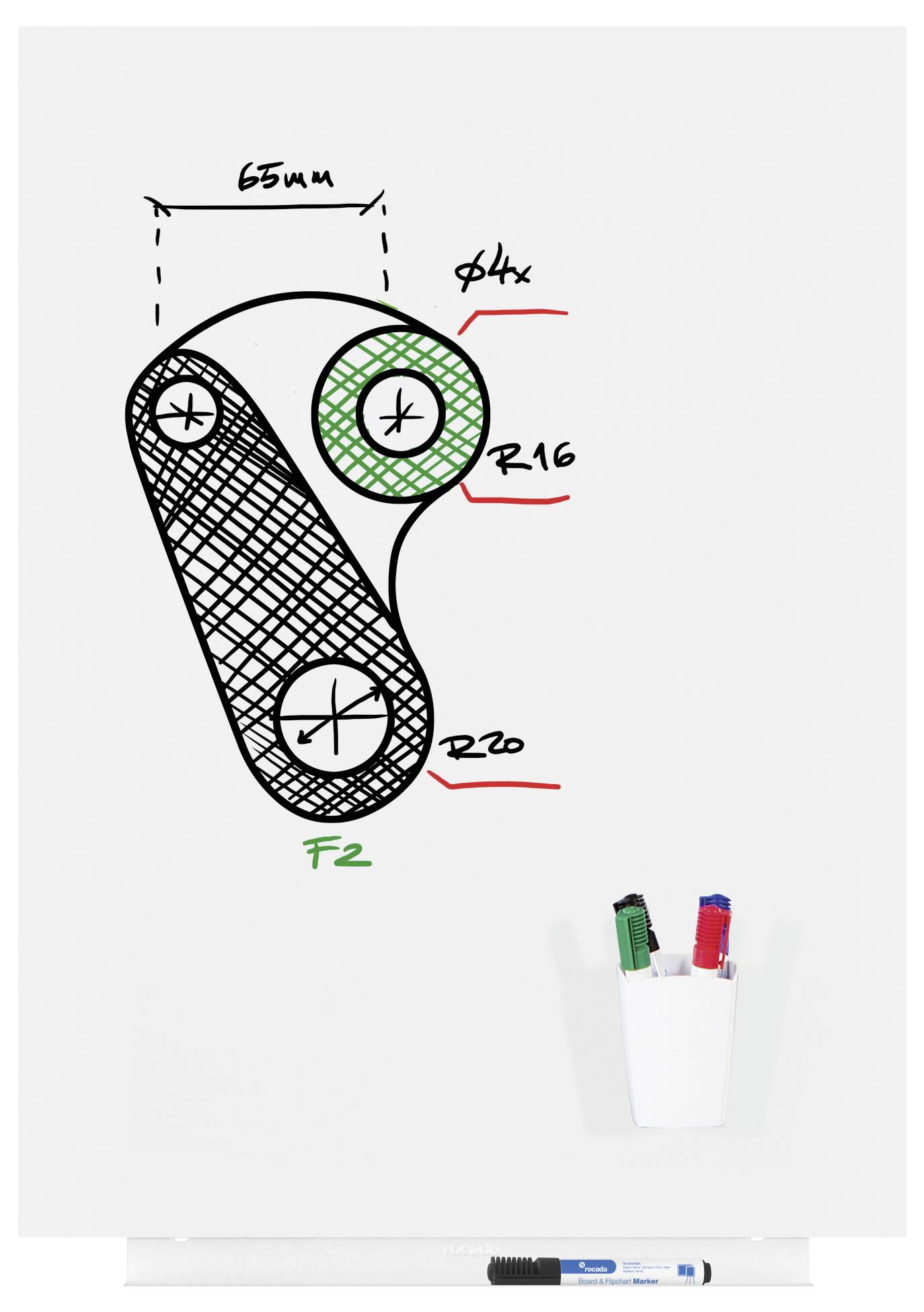 Technische Zeichnung eines mechanischen Teils mit Maßen und Beschriftungen. Ein Behälter mit Stiften ist unten angebracht.