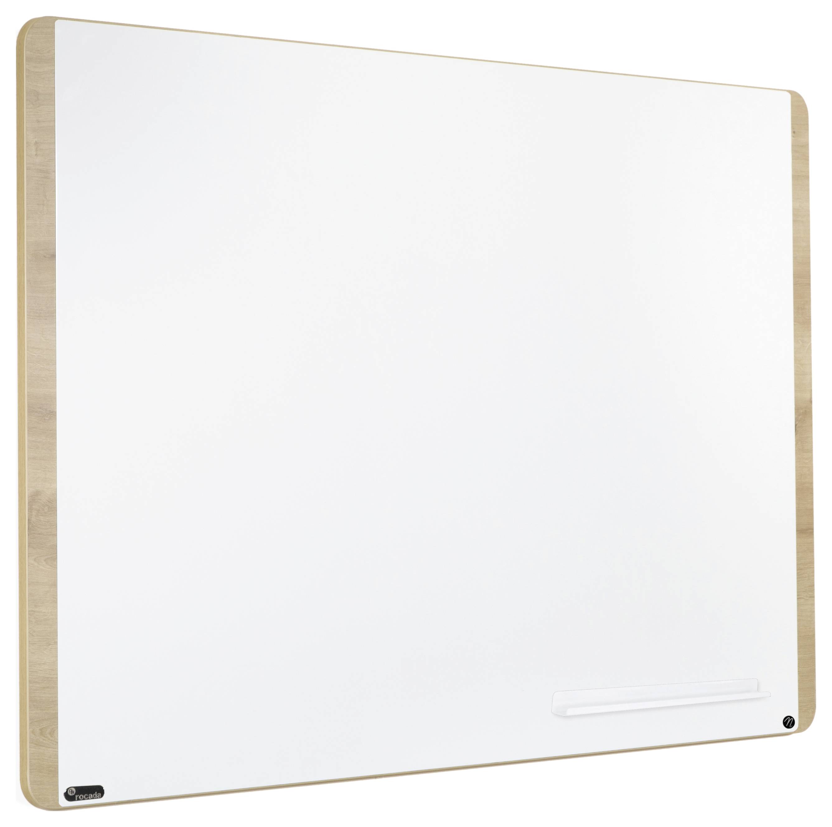 Ein rechteckiges Whiteboard mit Holzrahmen, montiert an einer Wand. Es hat eine glatte, weiße Schreibfläche ohne Beschriftungen.