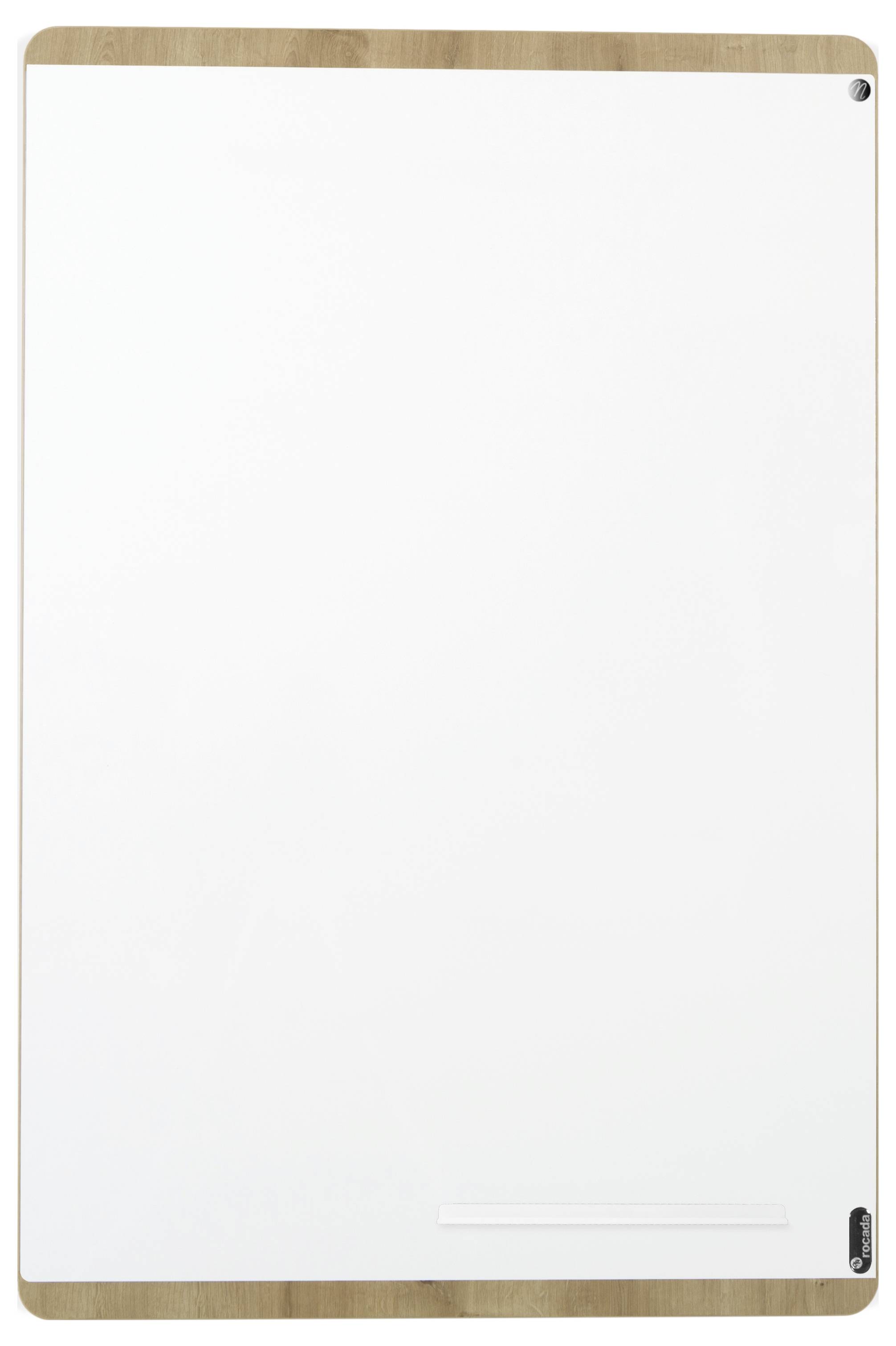 Ein leeres weißes Schreibbrett mit einem schmalen Holzkantendetail an der Ober- und Unterseite.