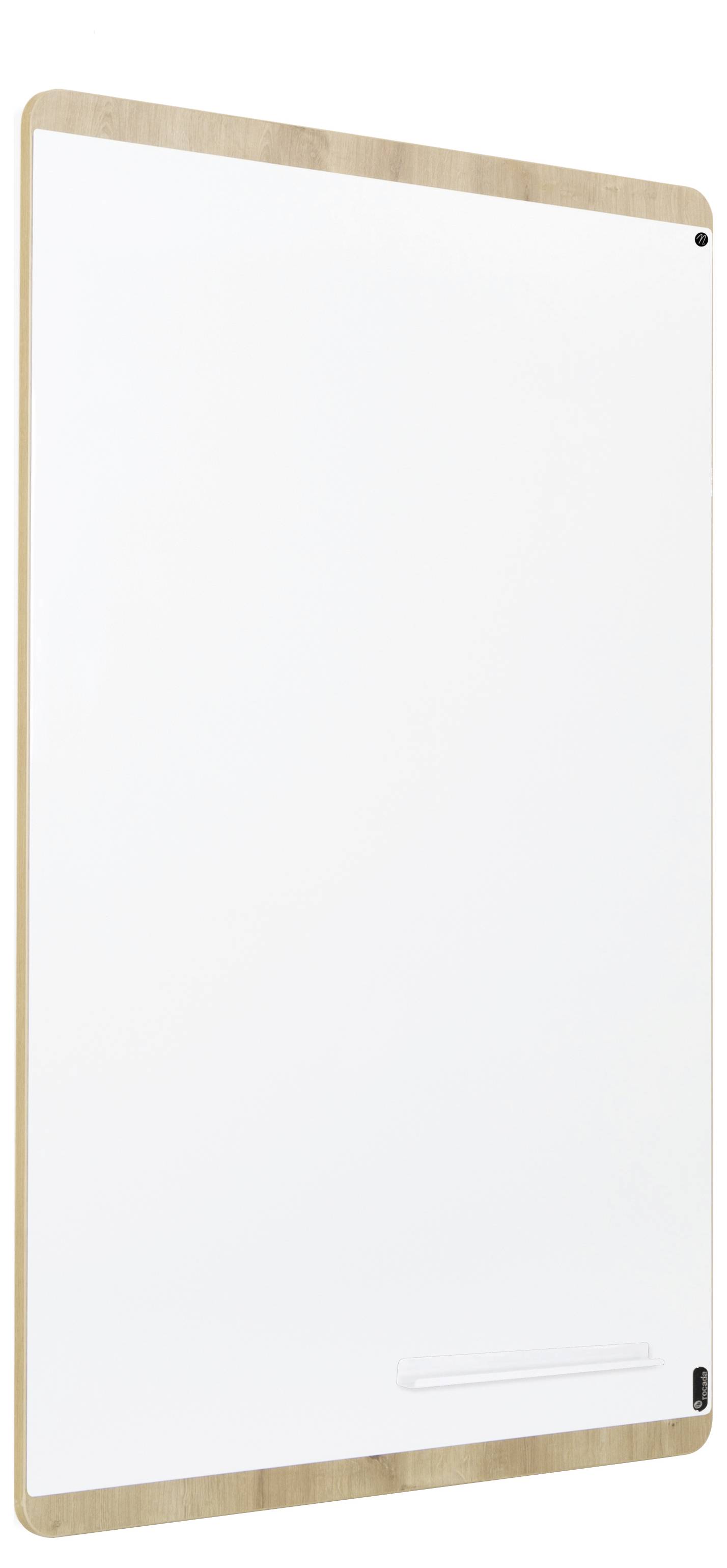 Ein rechteckiges Whiteboard mit hellbraun gerahmten Kanten, vertikal ausgerichtet, auf einem weißen Hintergrund.