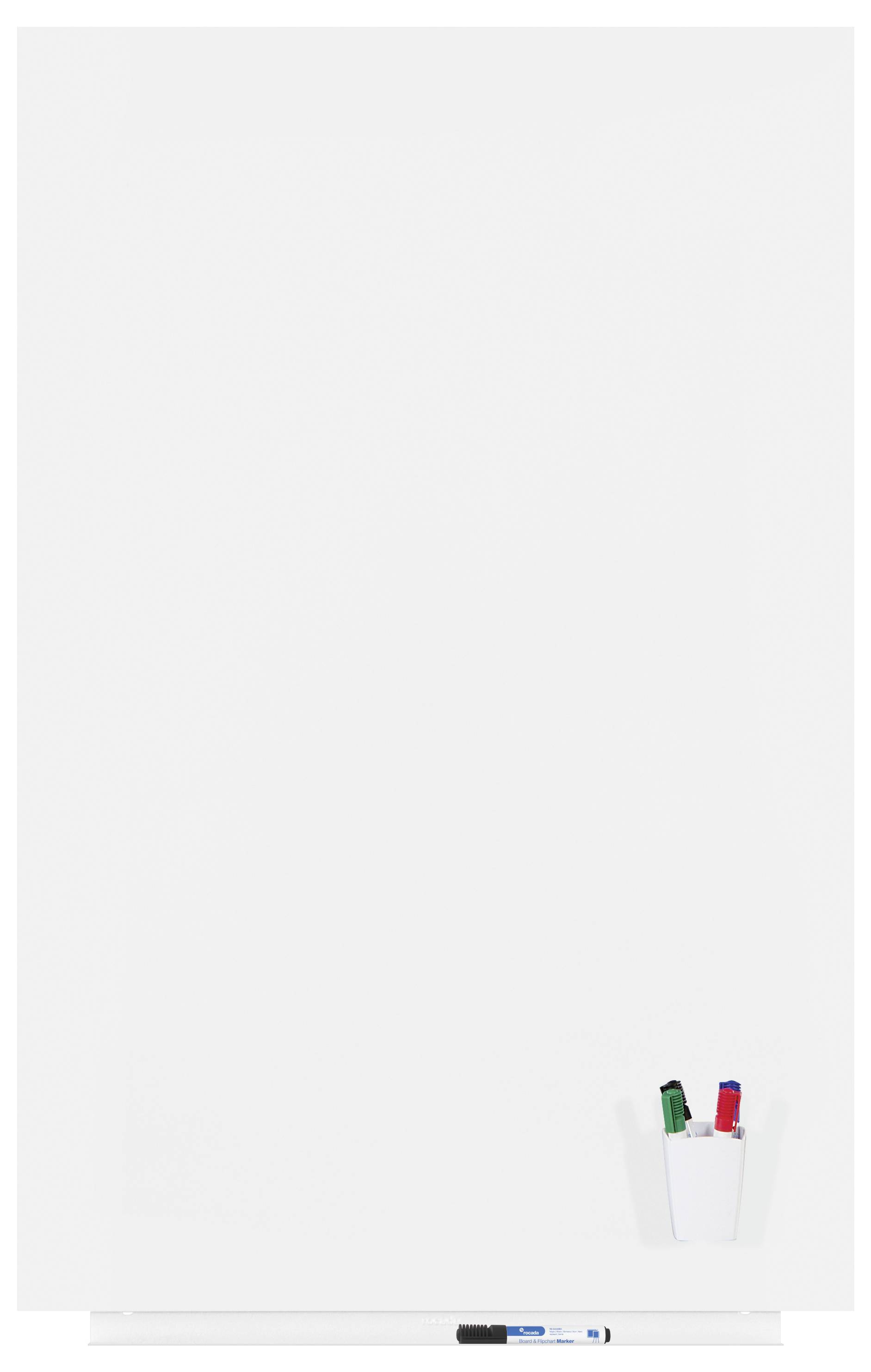 Eine leere weiße Tafel mit magnetischem Stifthalter, der rote und grüne Marker enthält.