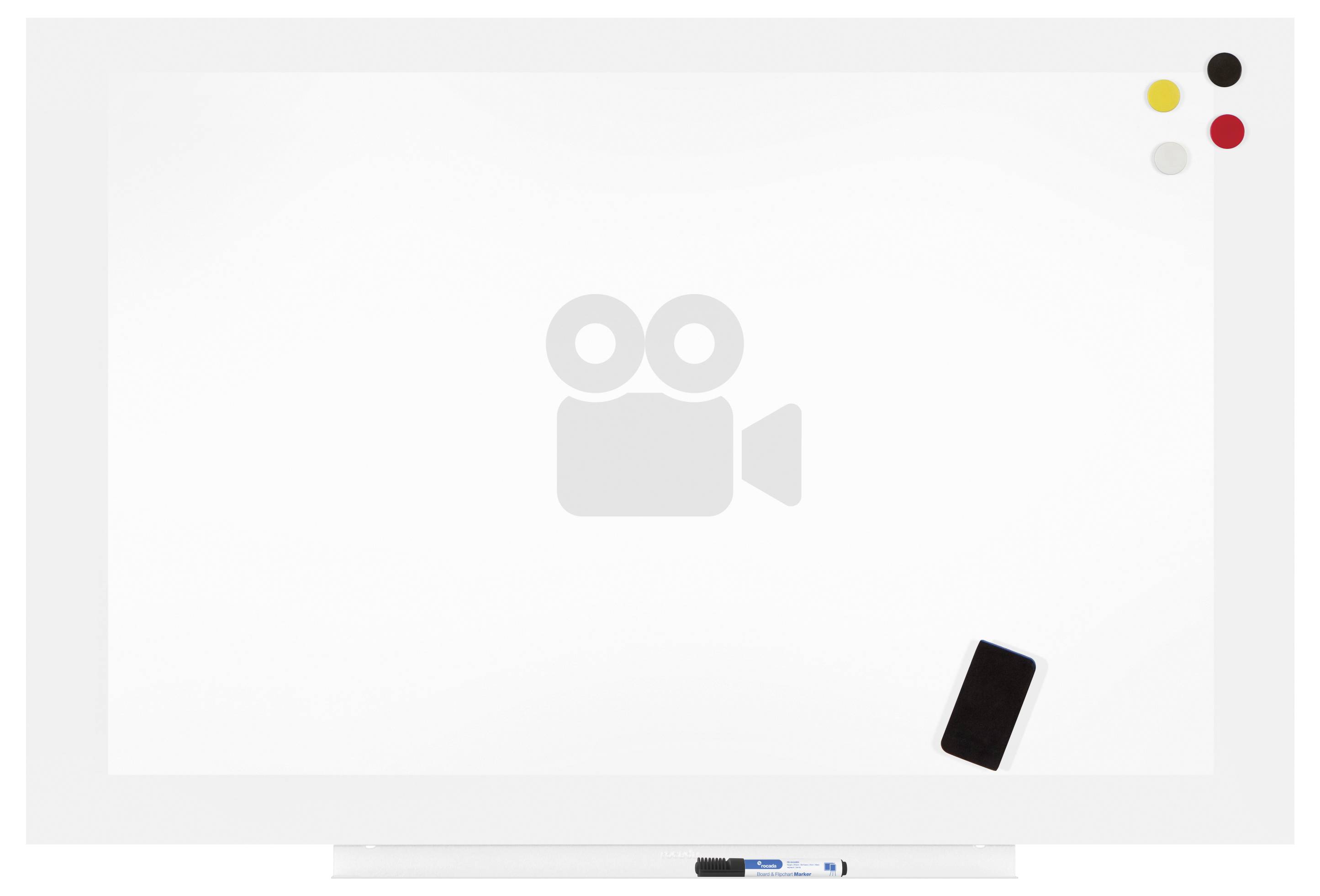 Weißes Whiteboard mit Symbol einer Videokamera in der Mitte und einem schwarzen Smartphone und einem blauen Stift darauf.