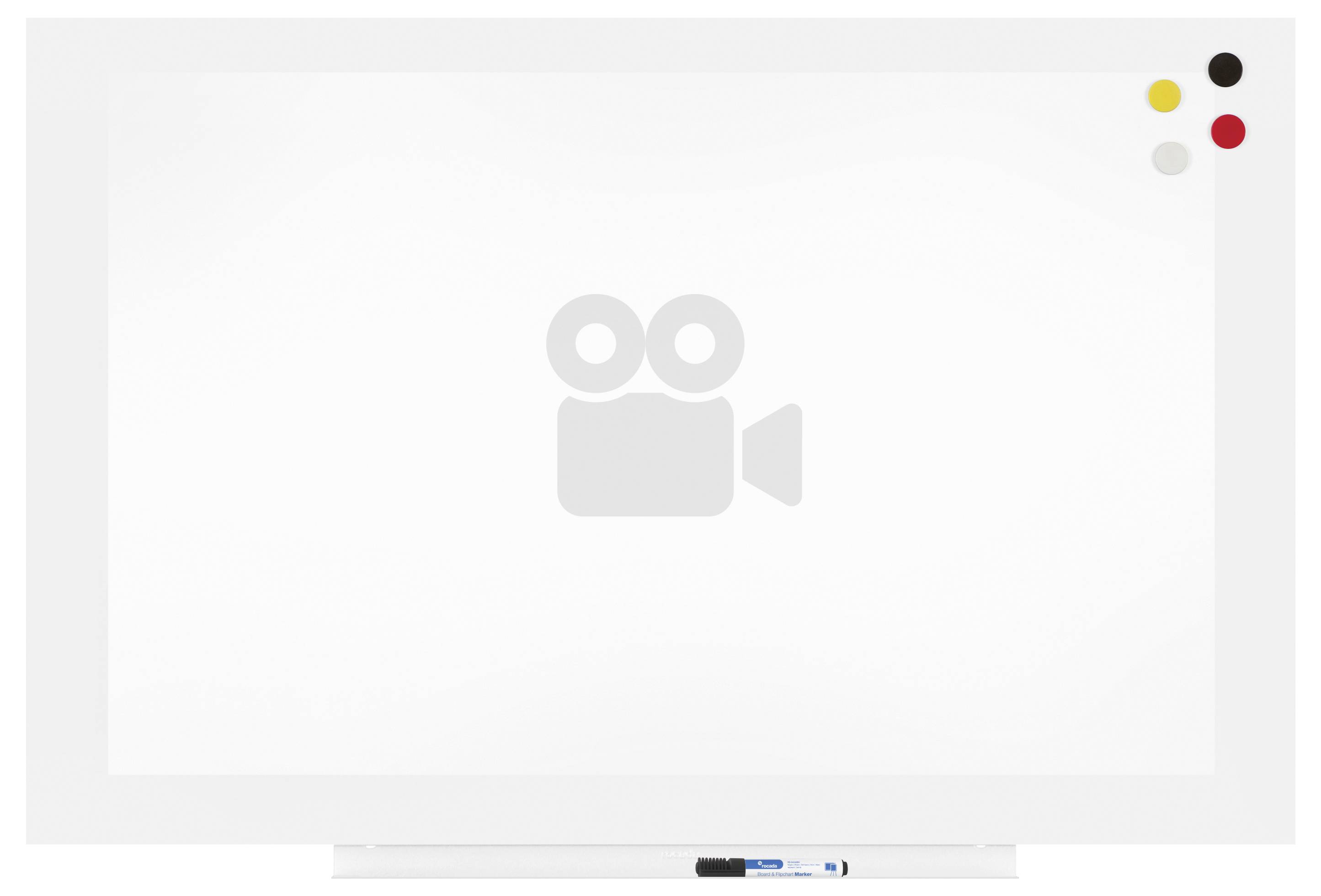 Ein leeres Whiteboard mit Stiften in Halterungen an der Unterseite. Oben rechts sind drei Magnete in Rot, Gelb und Schwarz.