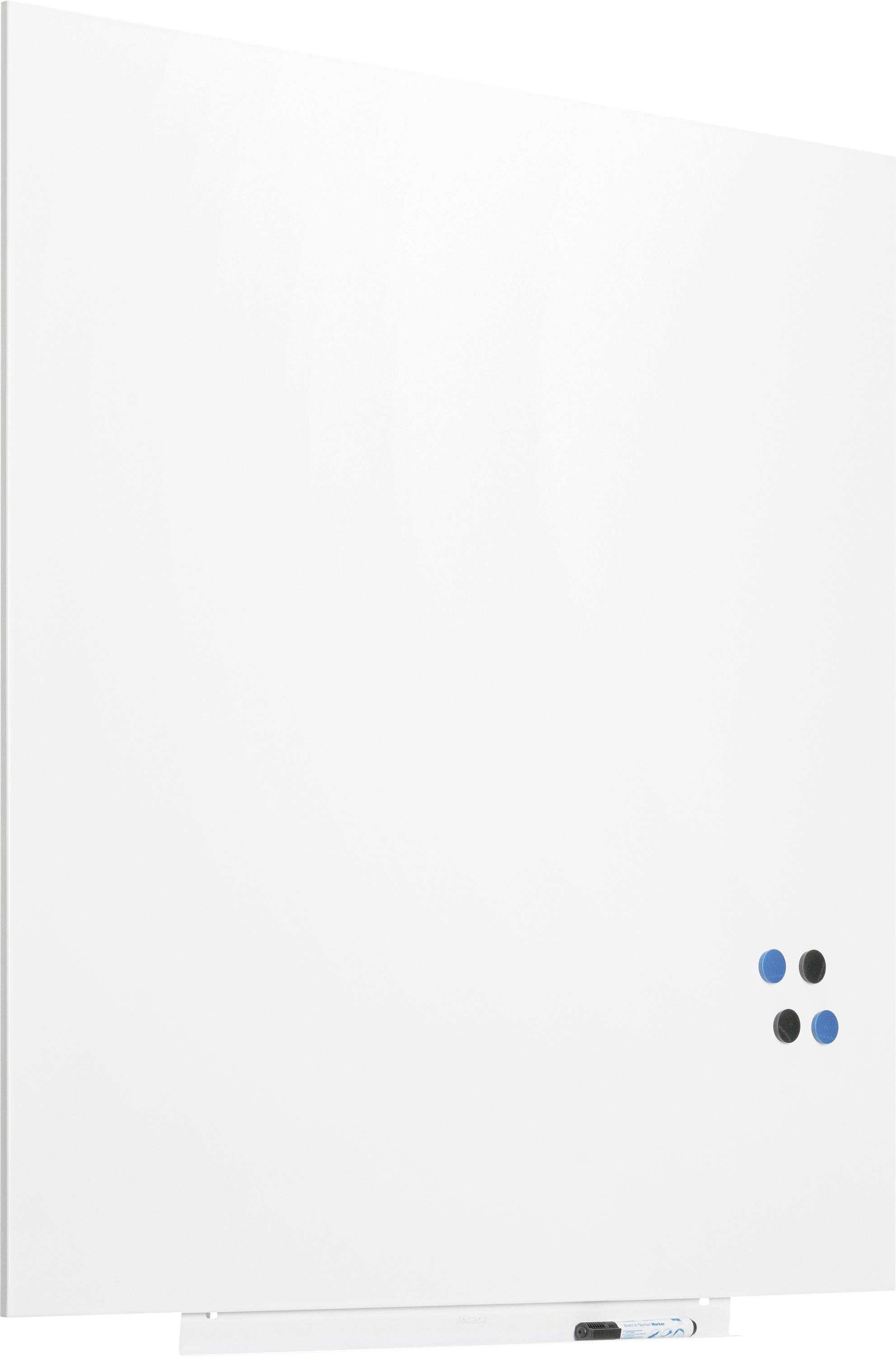 Weiße Magnettafel mit vier kleinen runden Magneten in Blau und Schwarz in der oberen rechten Ecke.