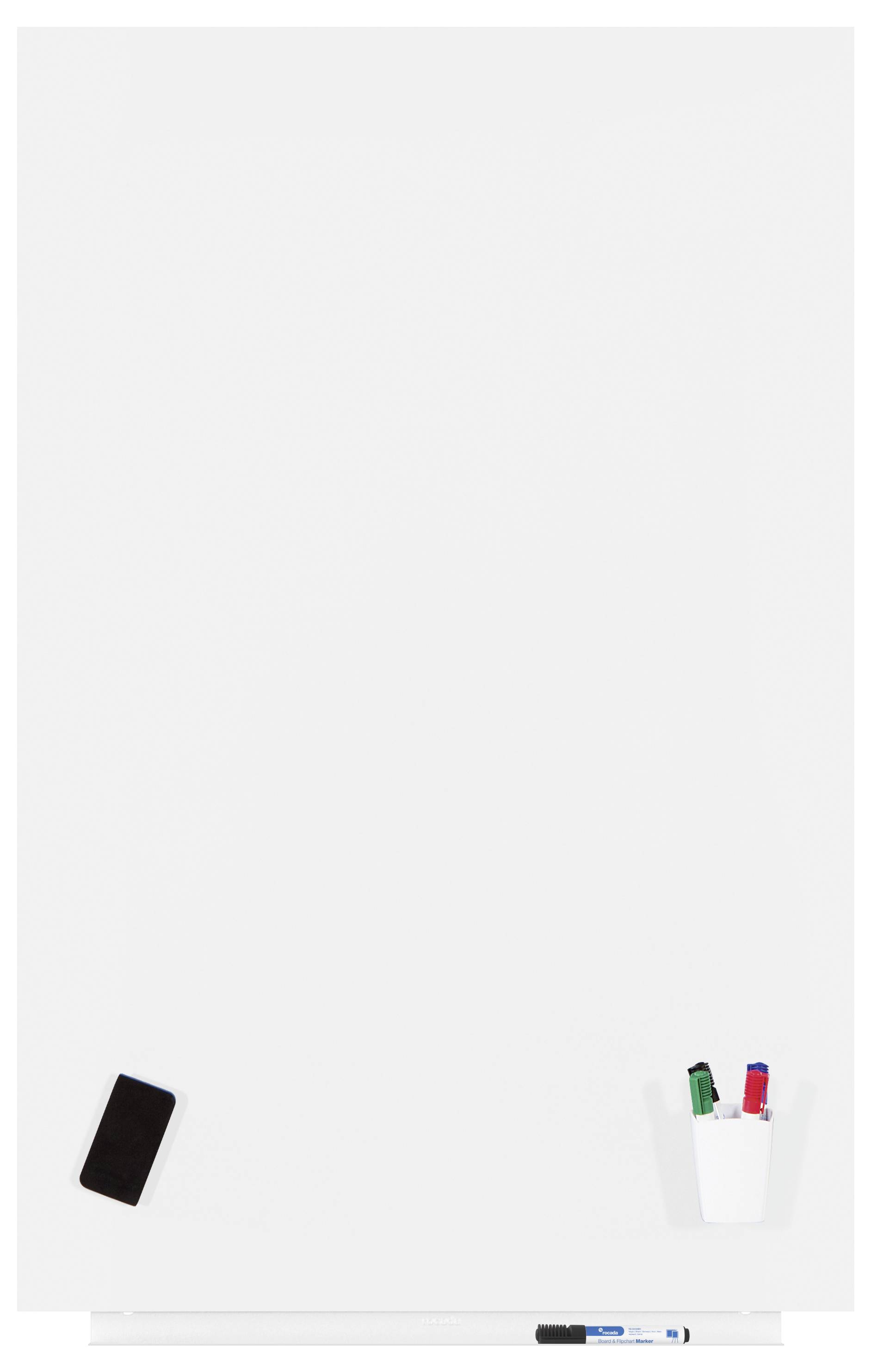 Eine weiße Tafel mit einem schwarzen Smartphone, Stiften in Rot und Grün in einem Halter sowie einem blauen und schwarzen Stift unten.