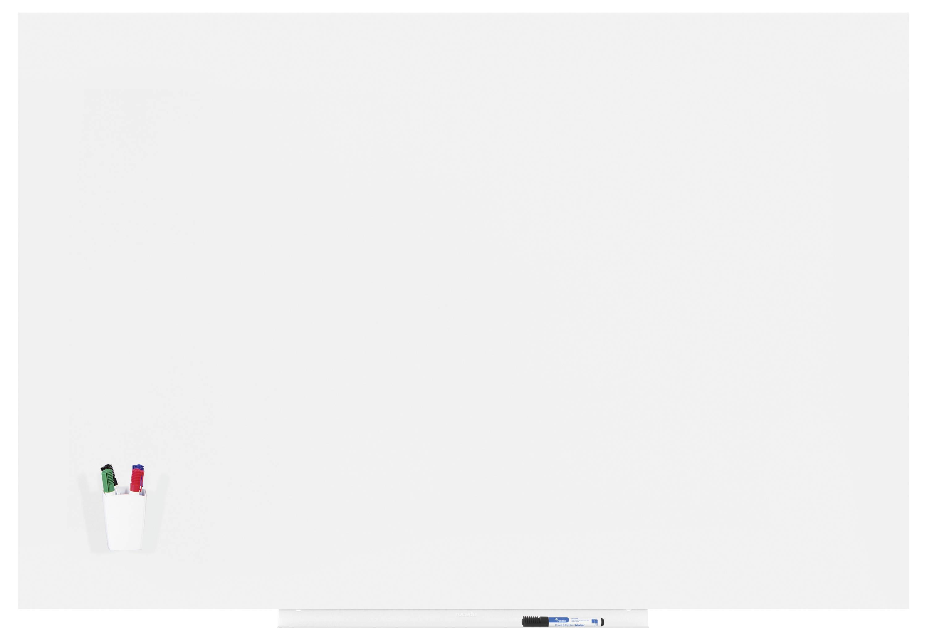 Ein weißes Whiteboard mit einem Stiftehalter unten links, der zwei grüne und einen roten Stift enthält.