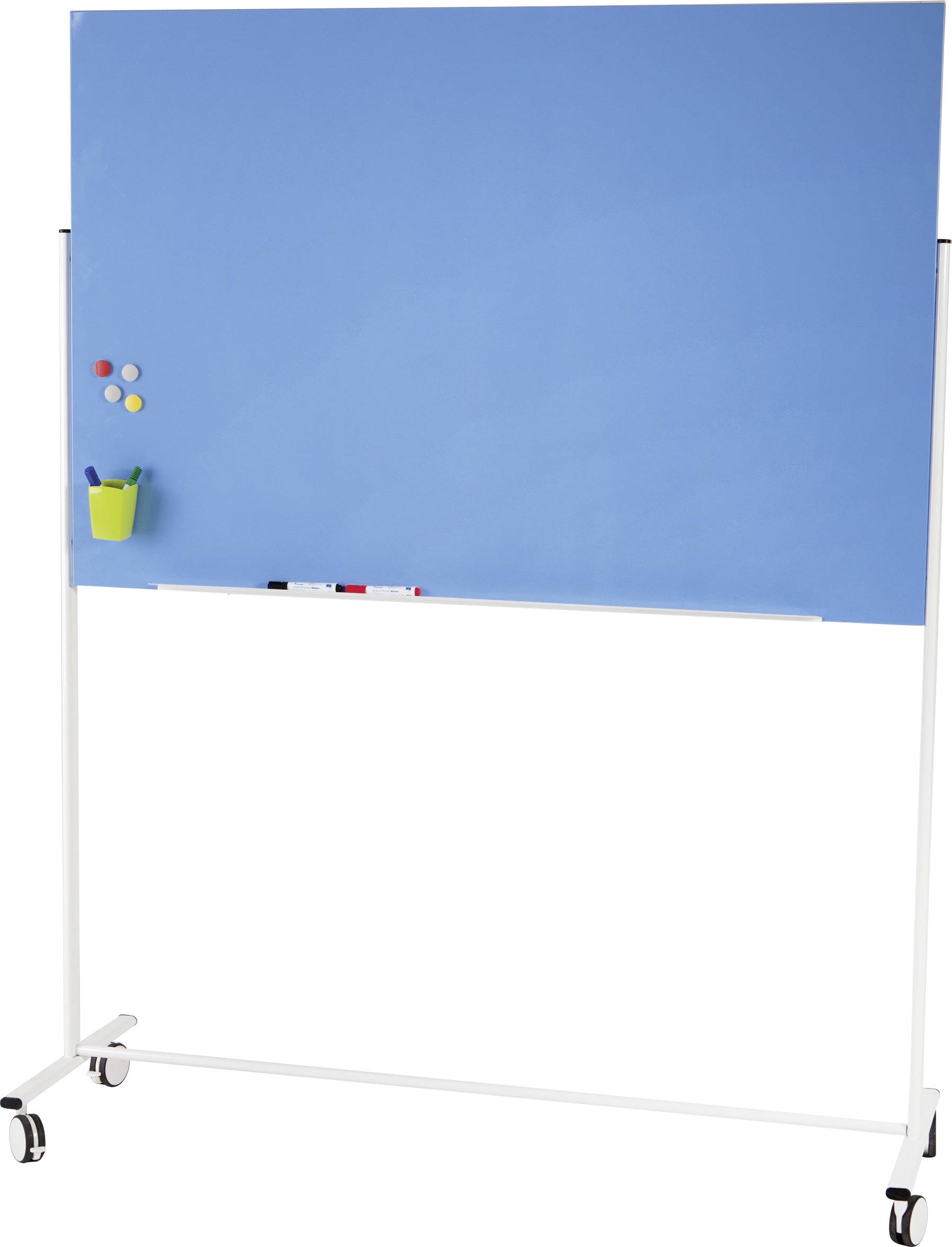 Ein leeres, blaues Whiteboard auf Rollen. An der linken Seite sind bunte Magnete und ein grüner Becher mit Markern angebracht.