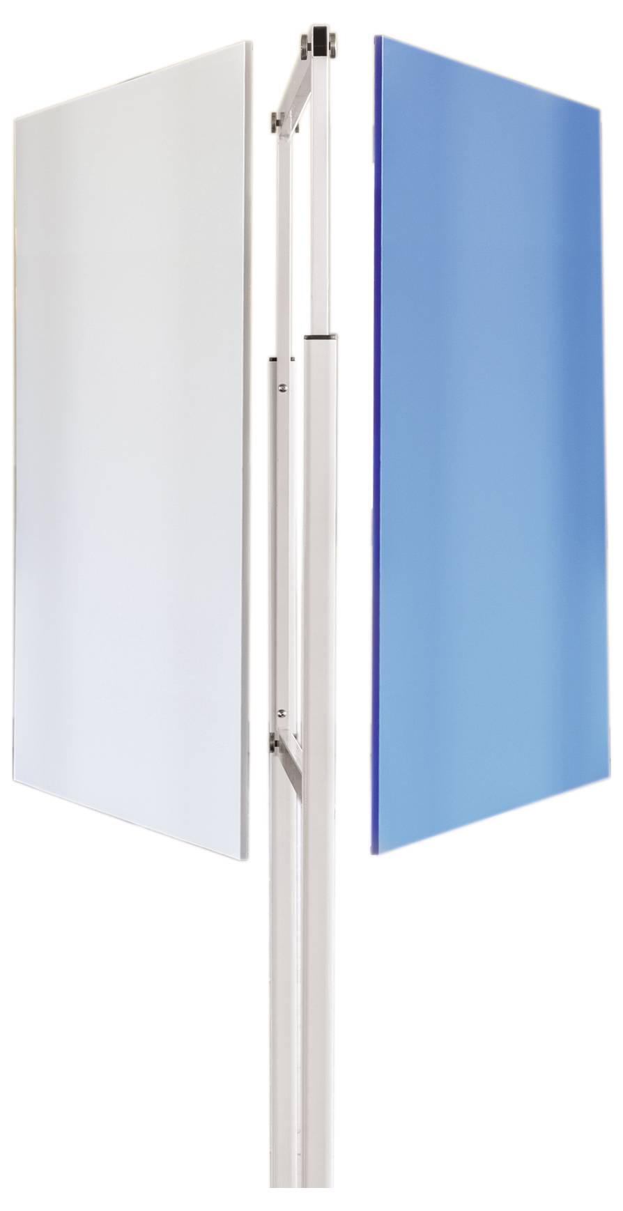 Zwei Paneele, eins blau und eins weiß, montiert auf einem vertikalen Rahmen, zeigen eine konstruktive Anordnung.
