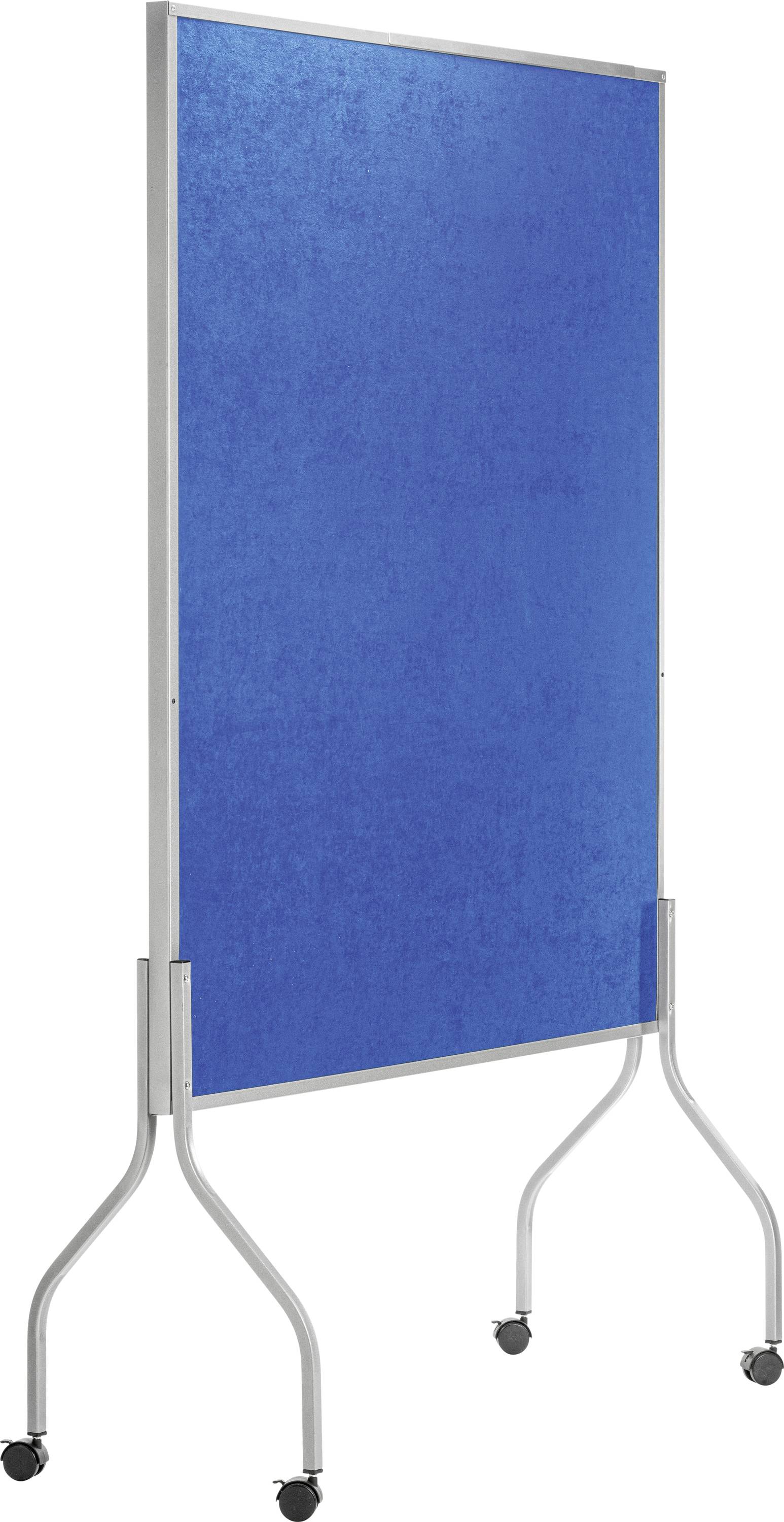 Blaue Pinnwand auf Rollfüßen in Metallrahmen. Geeignet für Büros oder Konferenzen, um Notizen und Informationen anzubringen.