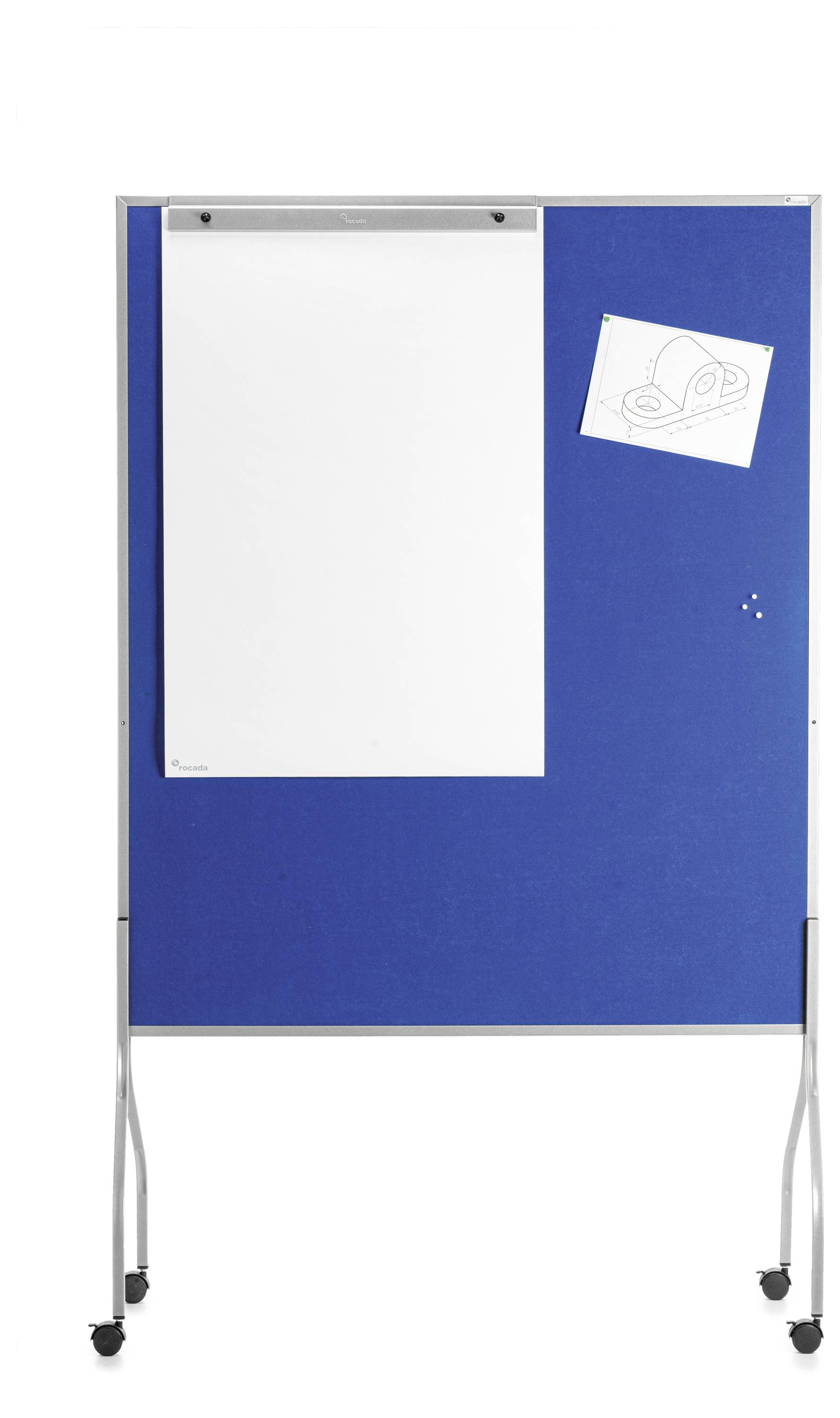 Ein blauer mobiler Flipchart mit einem leeren Blatt Papier und einer Kleinzeichnung eines Hutes auf der rechten Seite.