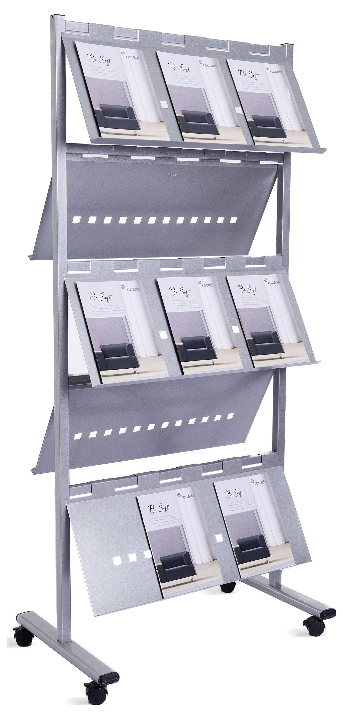 Ein Prospektständer mit mehreren Fächern, gefüllt mit identischen Zeitschriften, steht auf Rollen.