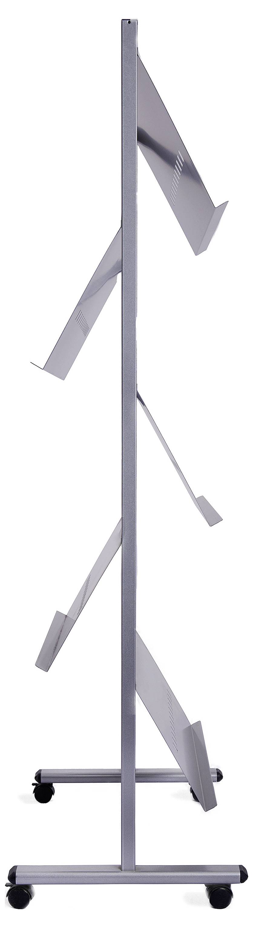 Metallischer Prospektständer mit fünf Ablagen, seitliche Ansicht auf einem Rollfuß, geeignet für Broschüren oder Zeitschriften.