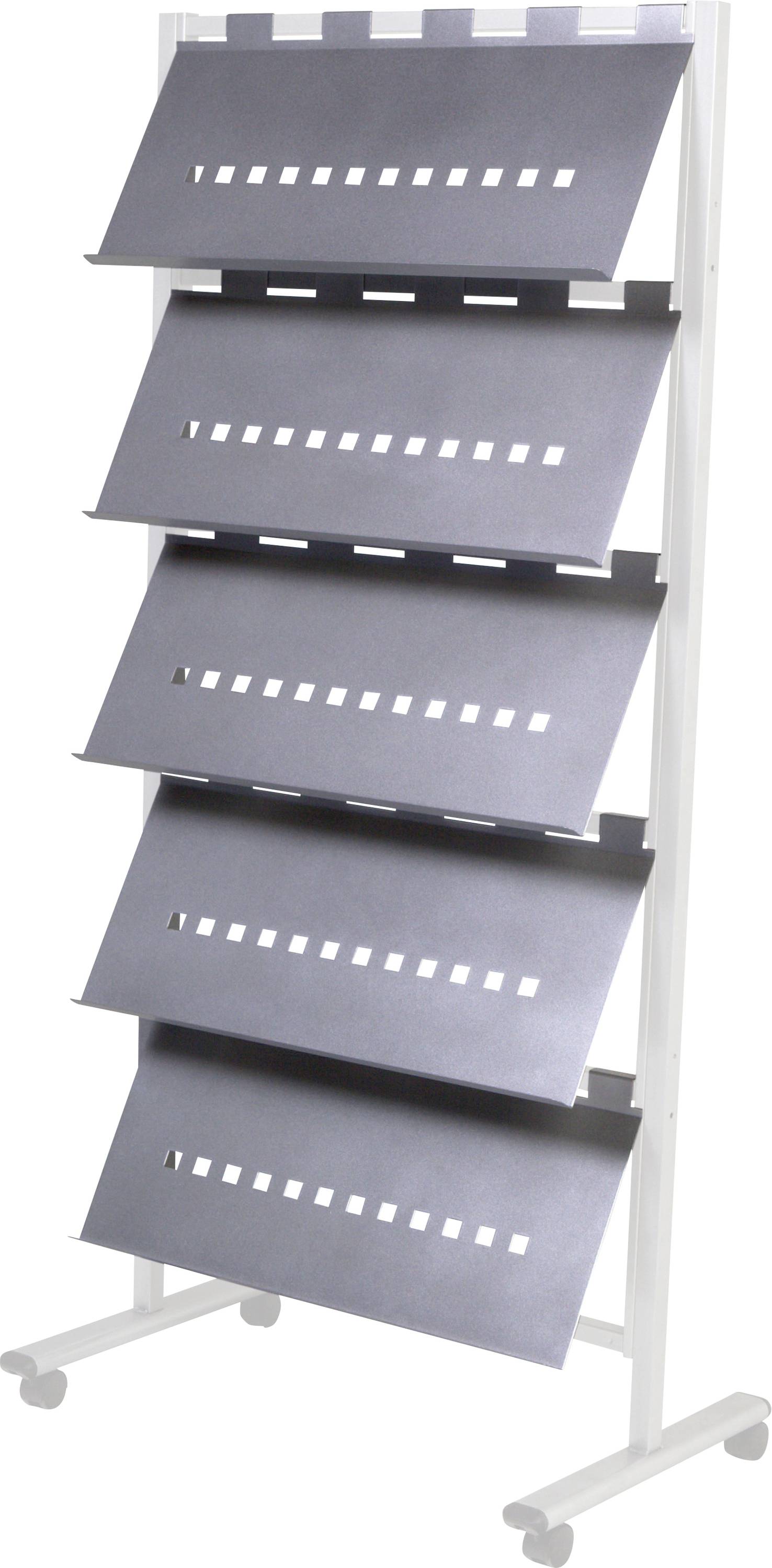 Metallener Prospektständer mit fünf geneigten Ablagen, ideal zur Präsentation von Magazinen oder Broschüren in Lobbys oder Büros.