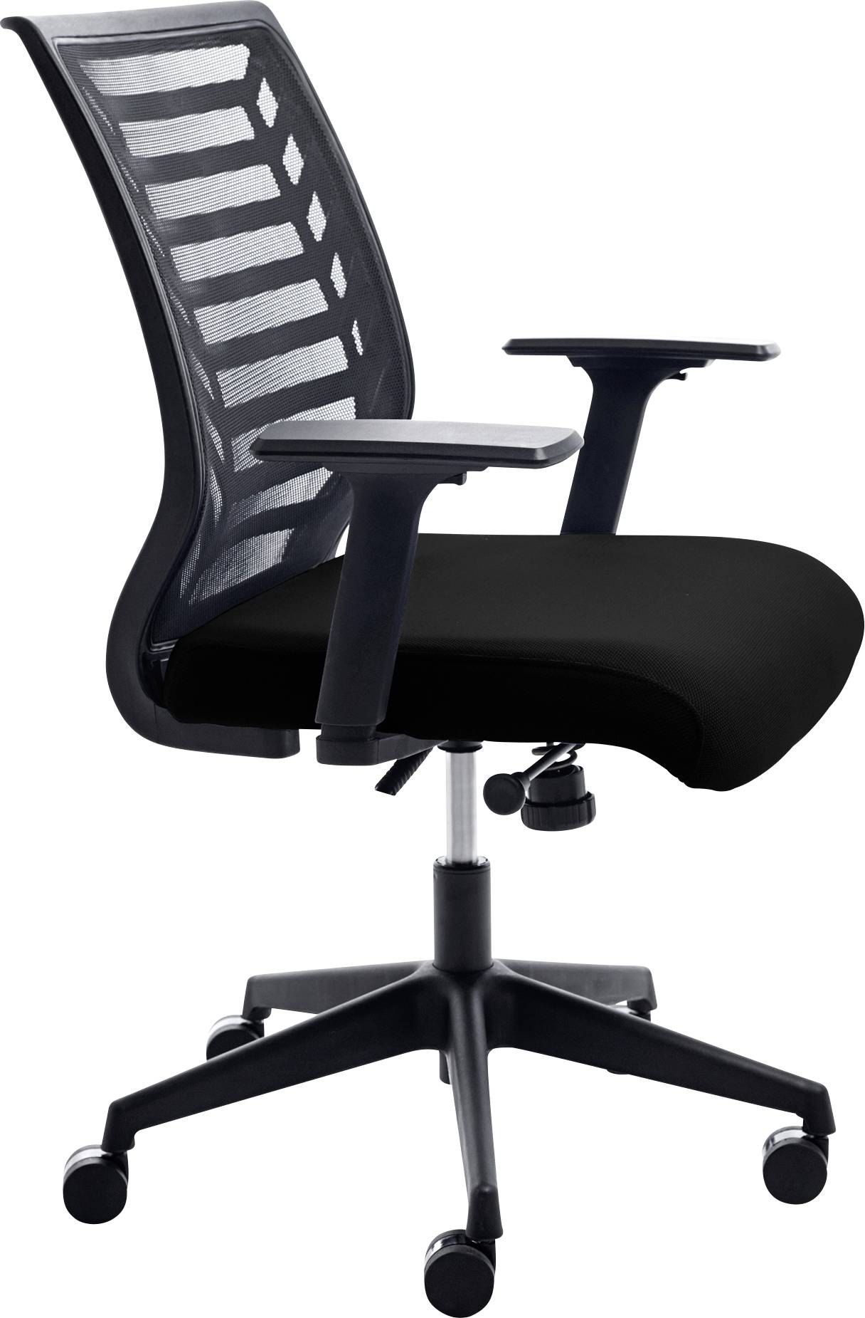 Schwarzer Schreibtischstuhl mit Netzrückenlehne, höhenverstellbarem Sitz und Armlehnen auf Rollen, geeignet für Bürogebrauch.