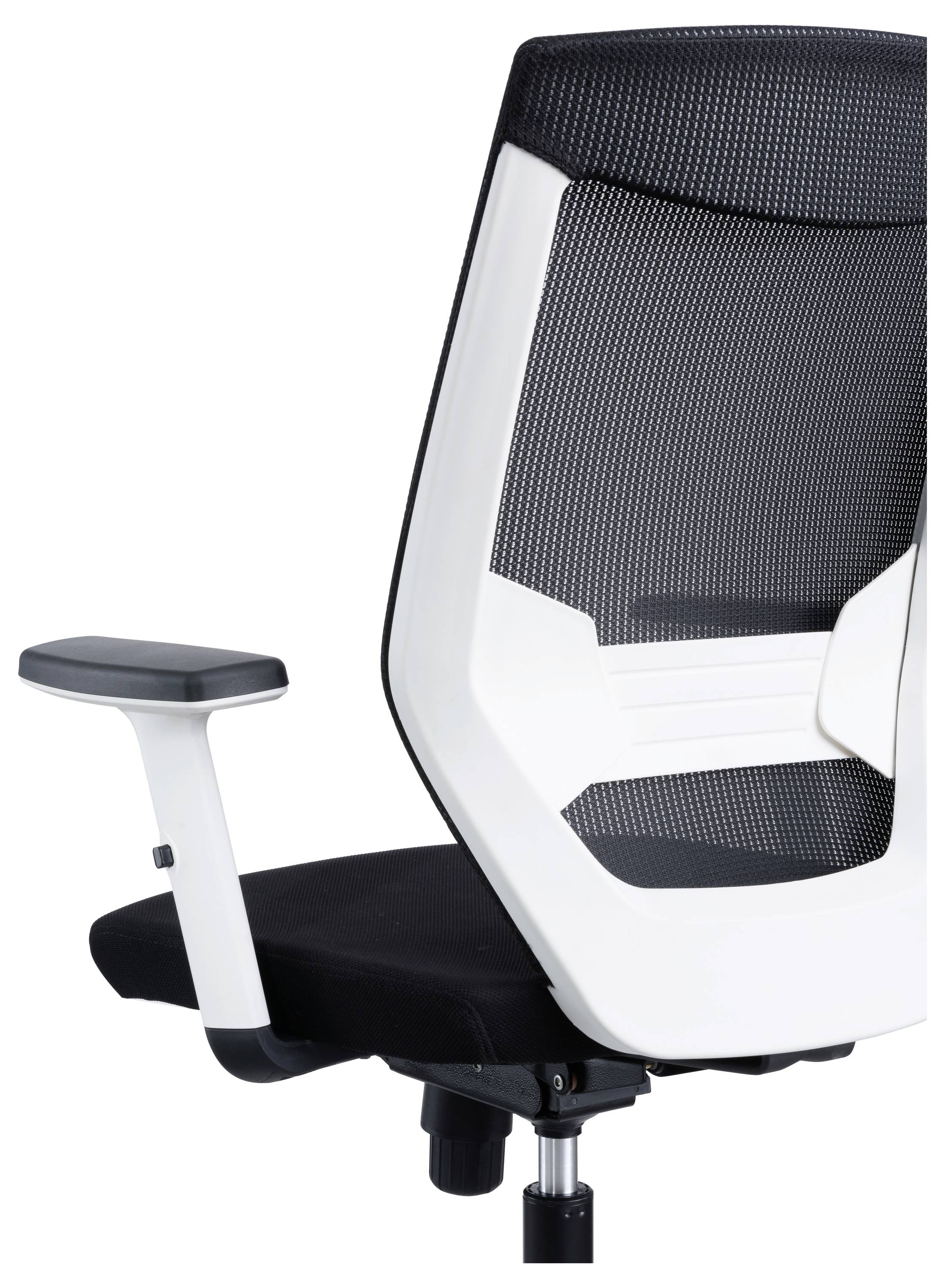 Ein moderner Bürostuhl mit weißem Rahmen, schwarzem Netzrücken und schwarzen Polstern, zeigt eine verstellbare Armlehne.