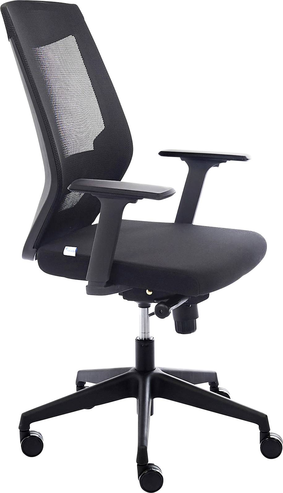 Schwarzer ergonomischer Bürostuhl mit Netzrückenlehne, verstellbaren Armlehnen und fünf Rollen, ideal für komfortables Arbeiten.