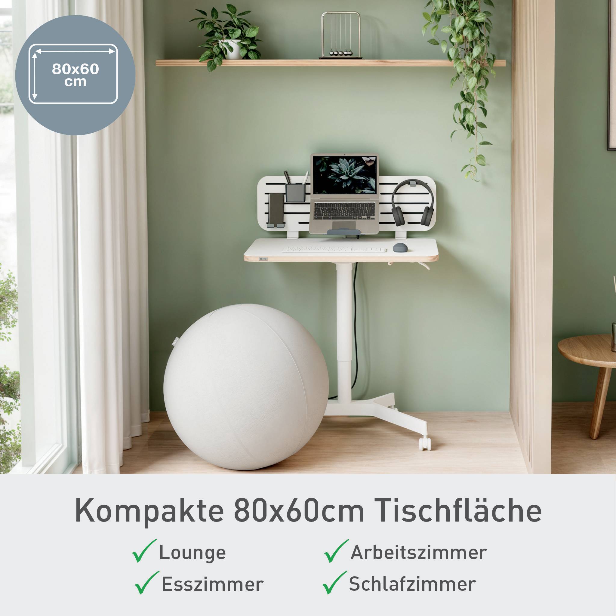 Ein kleiner Schreibtisch im modernen Design mit Laptop, umgeben von Pflanzen, einem großen Sitzball und Wandregalen.