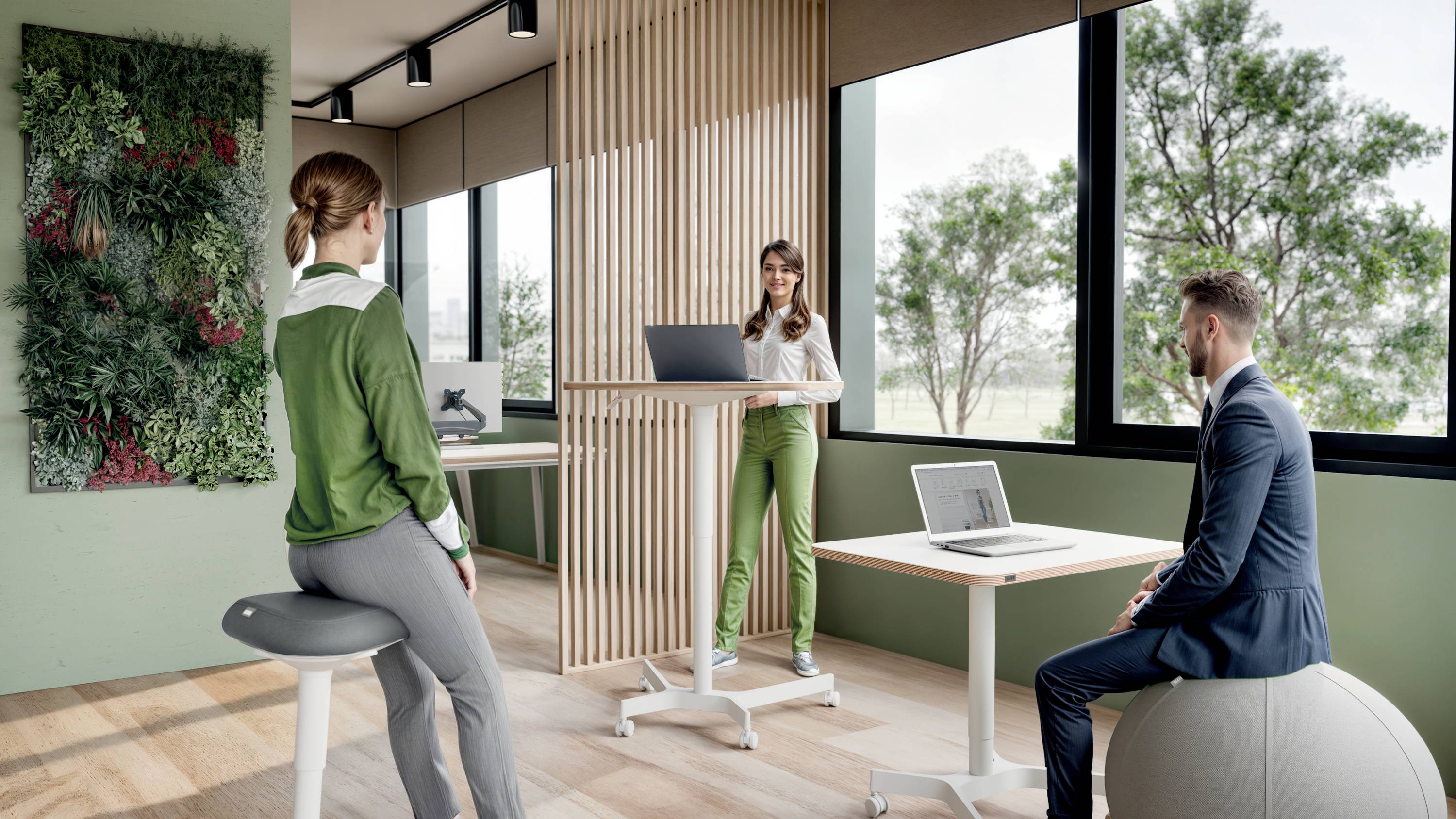 Zwei Personen sitzen und eine steht an einem Stehpult in einem modernen, hellen Büro mit Pflanzenwand und großen Fenstern.