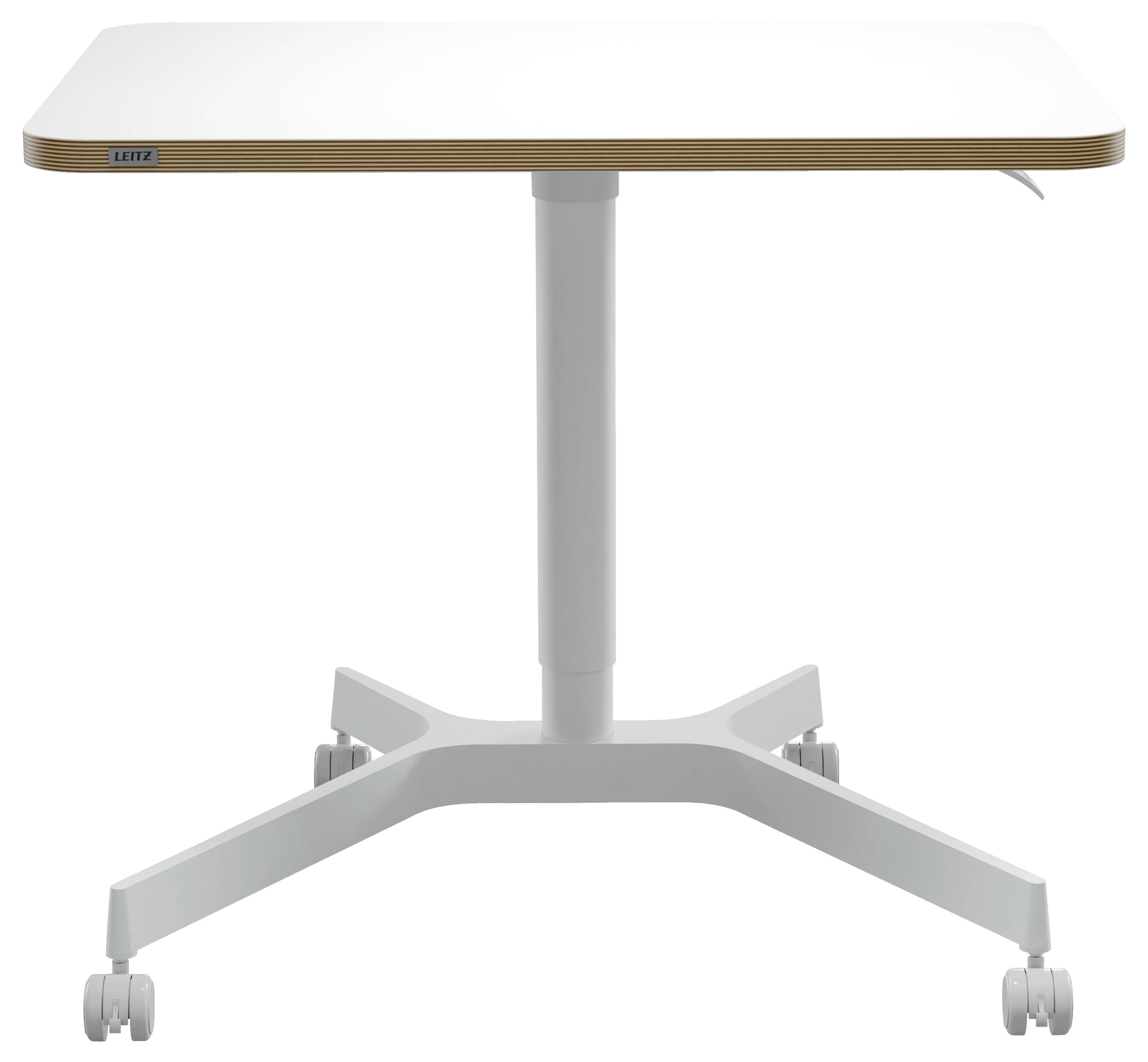 Ein weißer, rechteckiger Tisch mit vier Rädern, verstellbarer Höhe und einfachem, modernem Design. Ideal für flexible Arbeitsbereiche.
