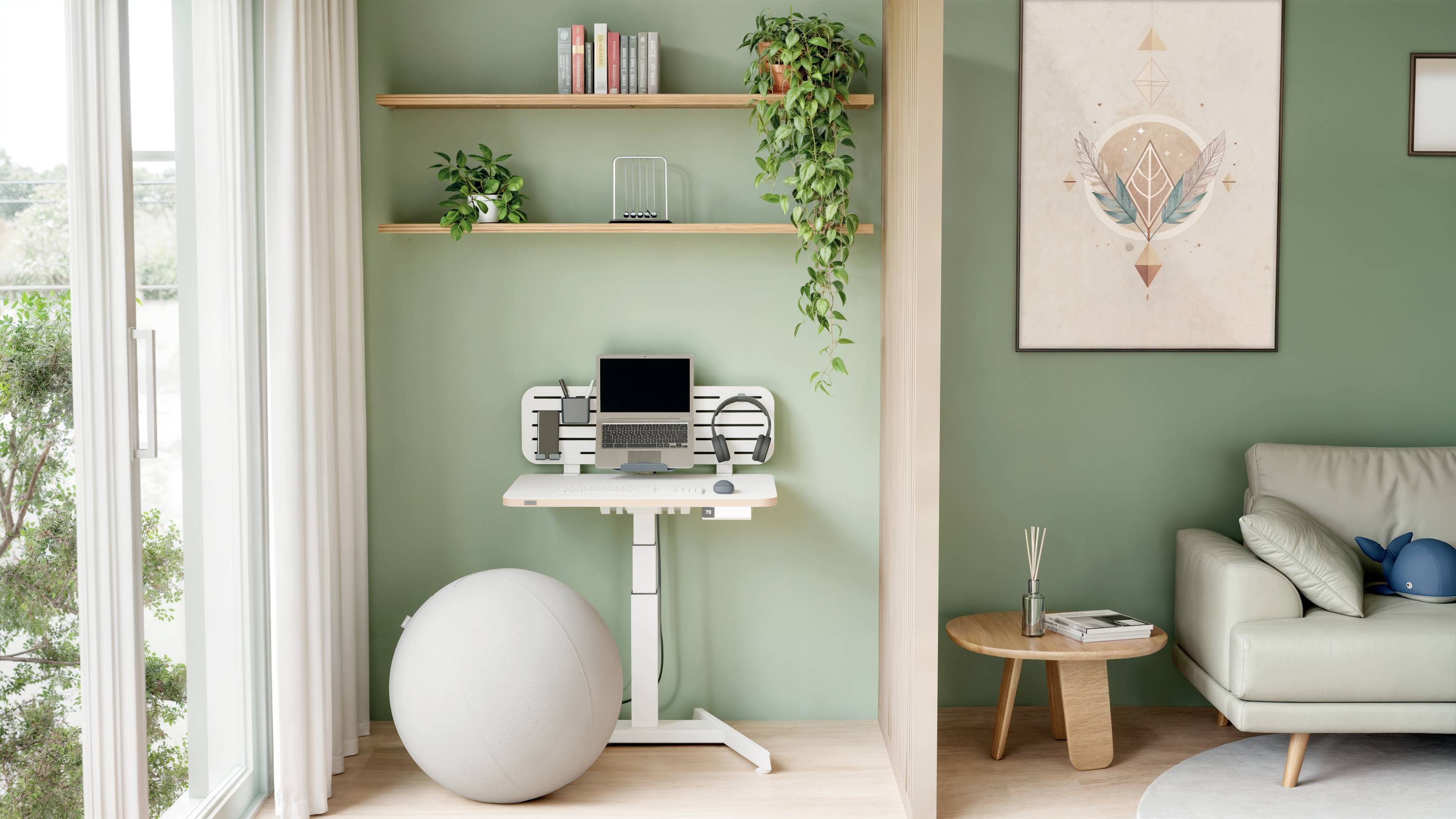 Ein moderner, gemütlicher Raum mit grün gestrichener Wand, einem Schreibtisch mit Laptop, gedecktem runden Sitzball und dekorativem Wandbild.