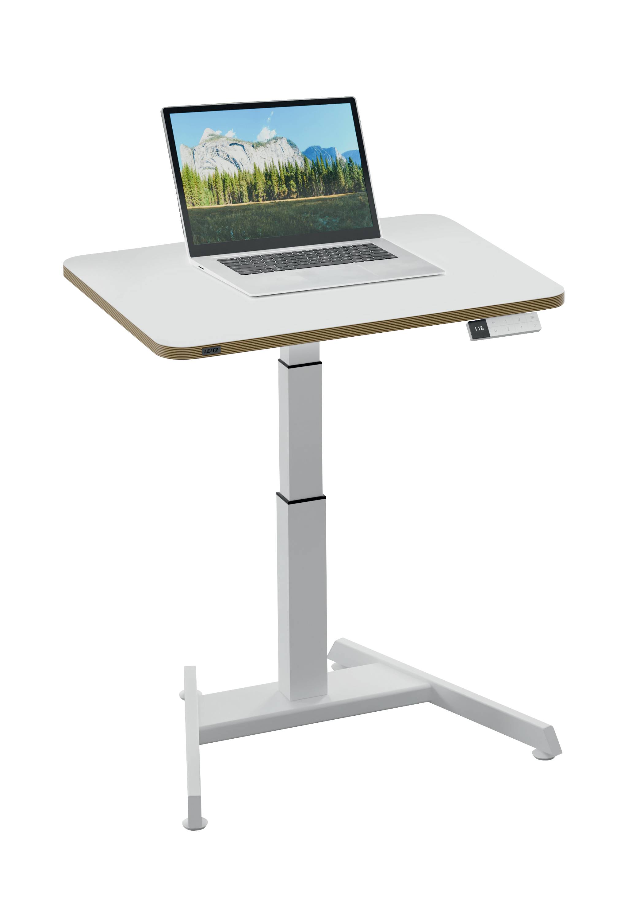 Höhenverstellbarer Schreibtisch mit Laptop darauf. Der Laptop zeigt eine Landschaft mit Bergen und einem See.