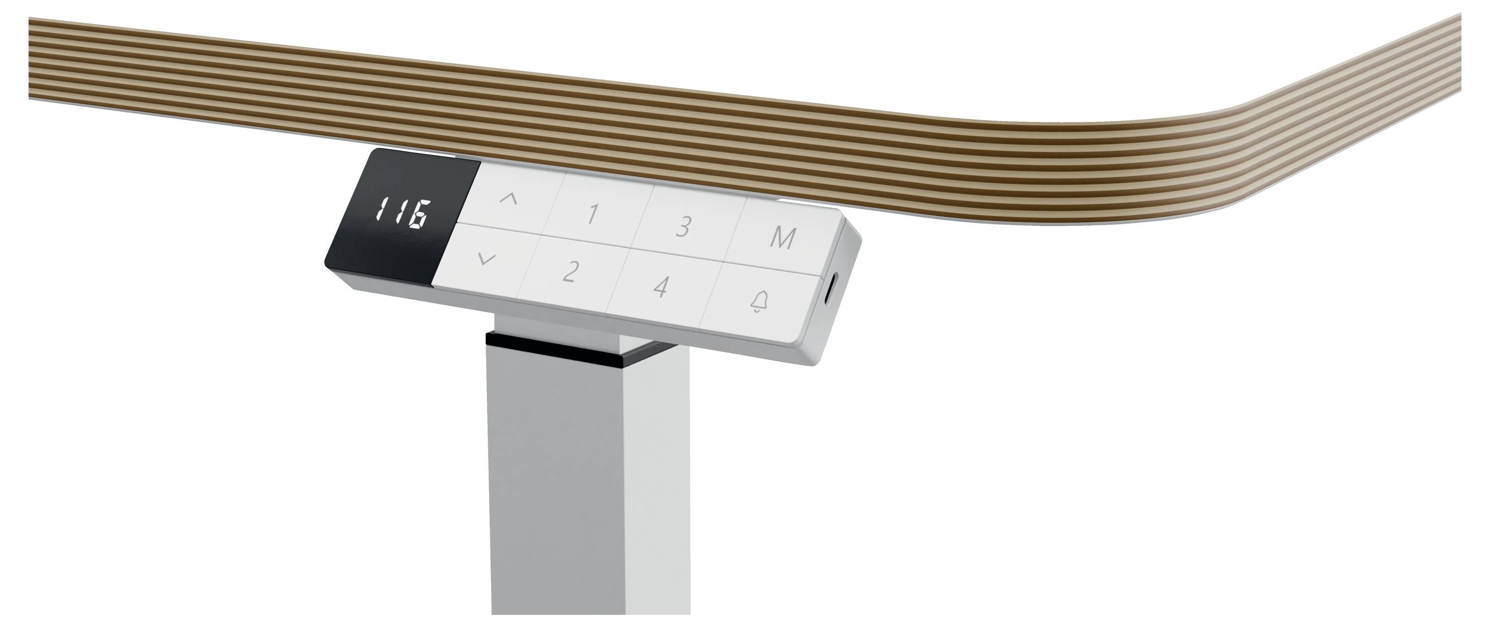 Elektrisch verstellbarer Tisch mit digitalem Bedienelement; zeigt '116' auf Display. Holzoberfläche verbunden mit Metallbein.