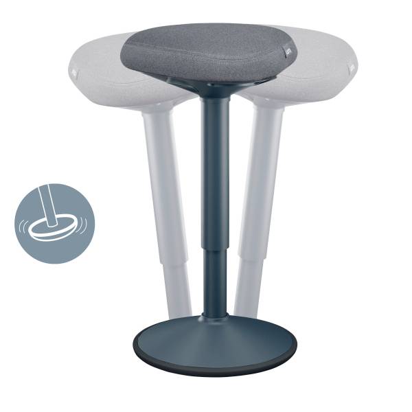 Ein Drehstuhl mit drei Positionen zeigt Flexibilität. Der Hocker hat eine runde Basis und einen gepolsterten Sitz. Ideal fürs Büro.