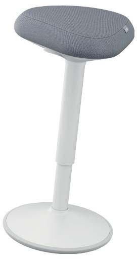 Ein grauer Hocker mit runder Sitzfläche und weißem, höhenverstellbarem Standbein auf einem stabilen Fuß. Ideal für flexible Sitzmöglichkeiten.